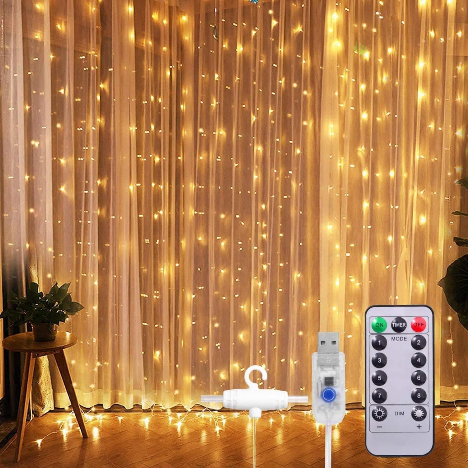 Arabest Curtain String Lights, 300 Led 3m X 3m 8 Lighting Modes Curtain Lights, Usb Powered Waterproof Fairy String Lights With Remote, For Ramadan Decorations, Wedding Party(Warm White)