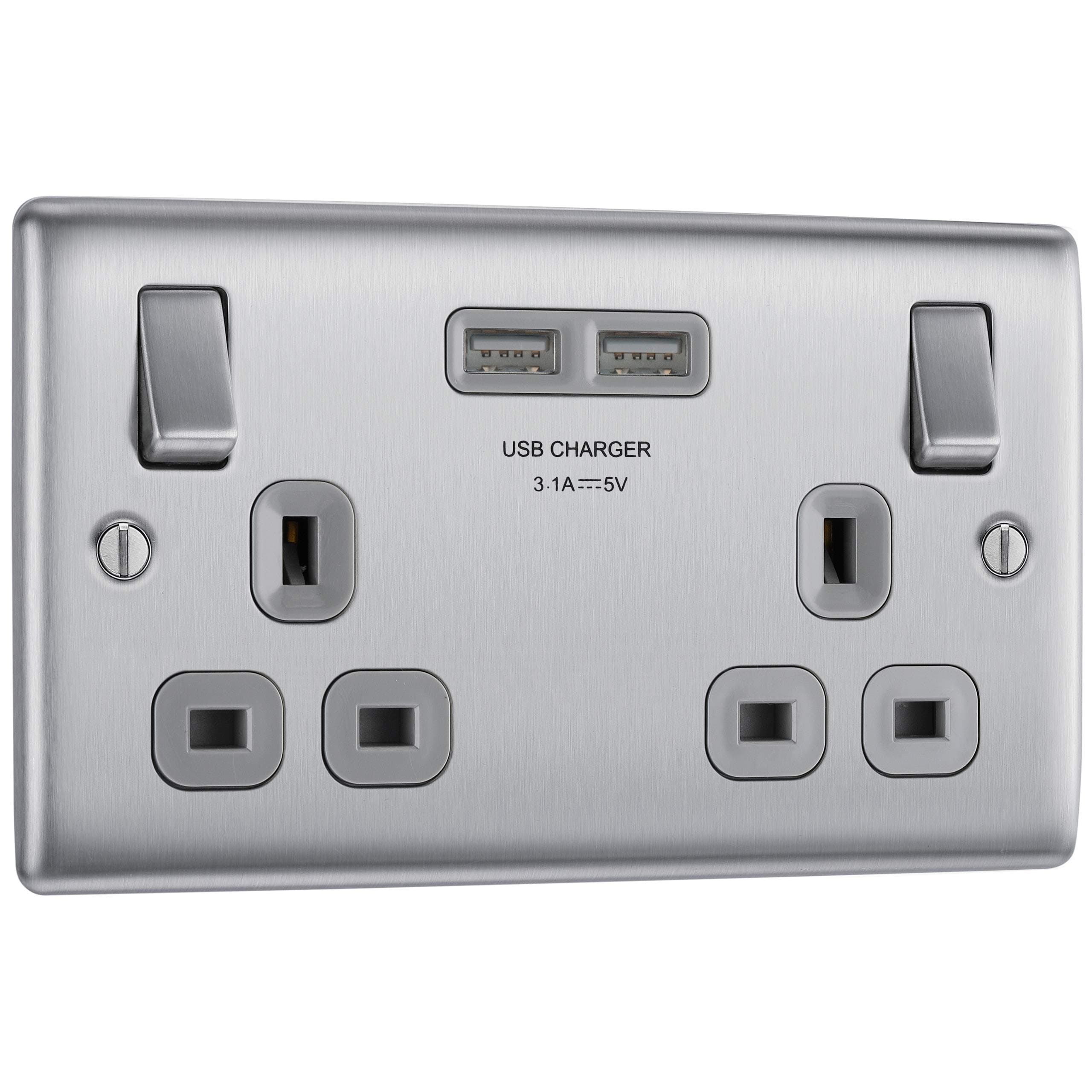 BG Electrical Double Switched Power Socket with Two USB Charging Ports, 13 A