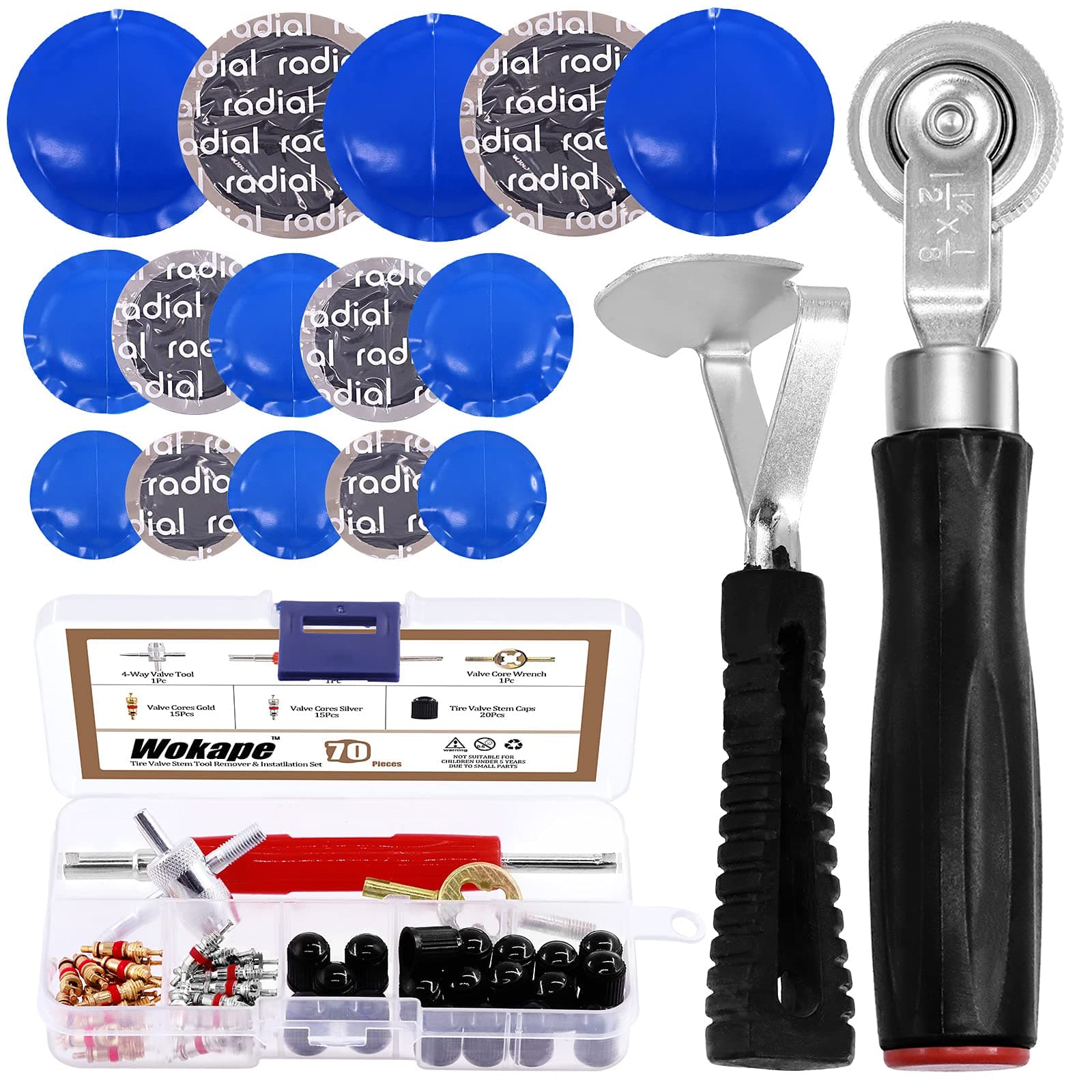 70Pcs Tire Patch Kit Heavy Duty, Tire Roller, Liner Scraper, Rubber Repair Patches, Valve Core Removal Tool with Tire Valve Caps, 4-Way Valve Tool and Valve Core Wrench
