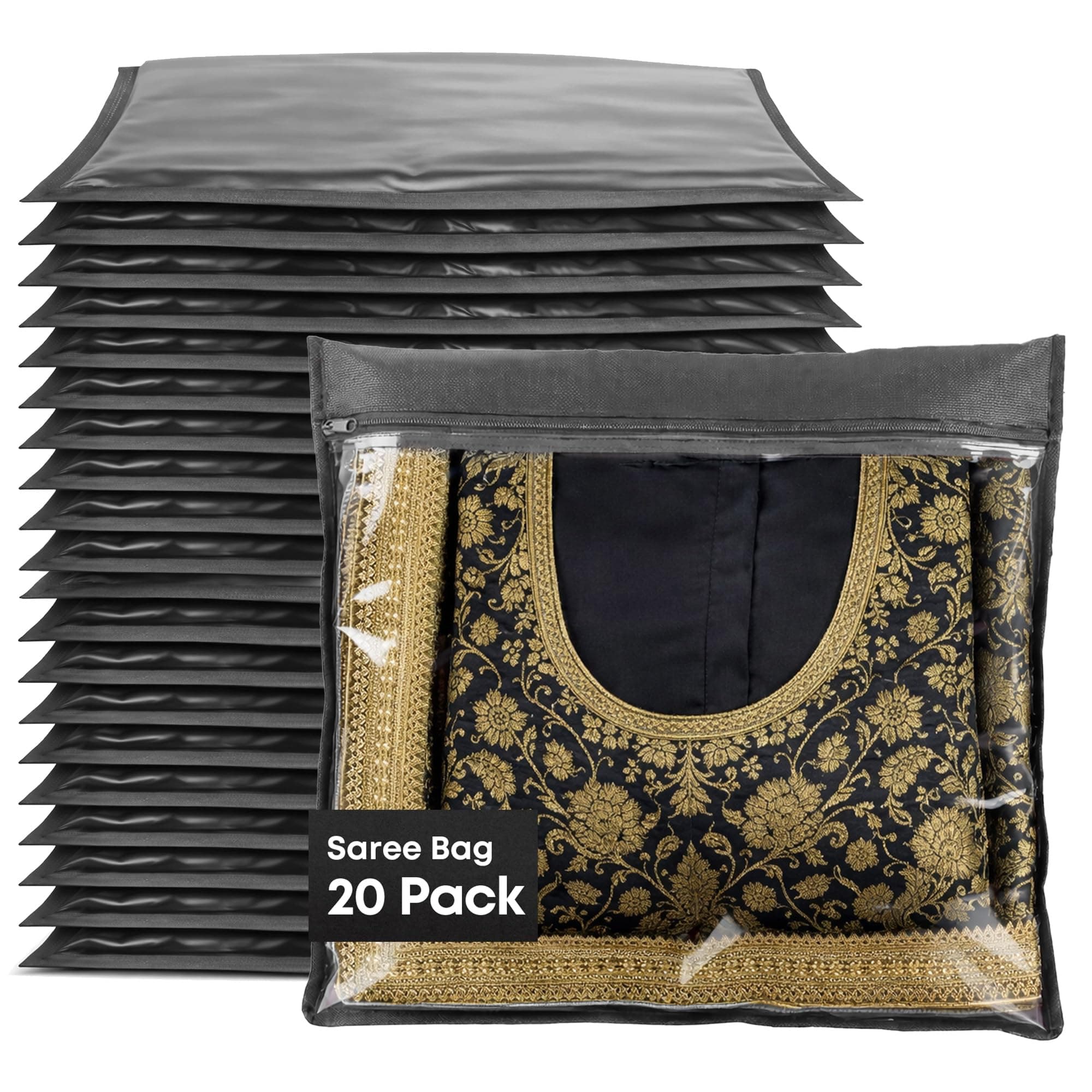 – Fineway 20 Pack Saree Storage Bags with Zip – Space saving Clear Zip Bag, Clothes Bag Organiser for Sarees, Dresses & Clothes – Moisture-Resistant Saree Bags Clothing Storage (Grey, 42x35cm)