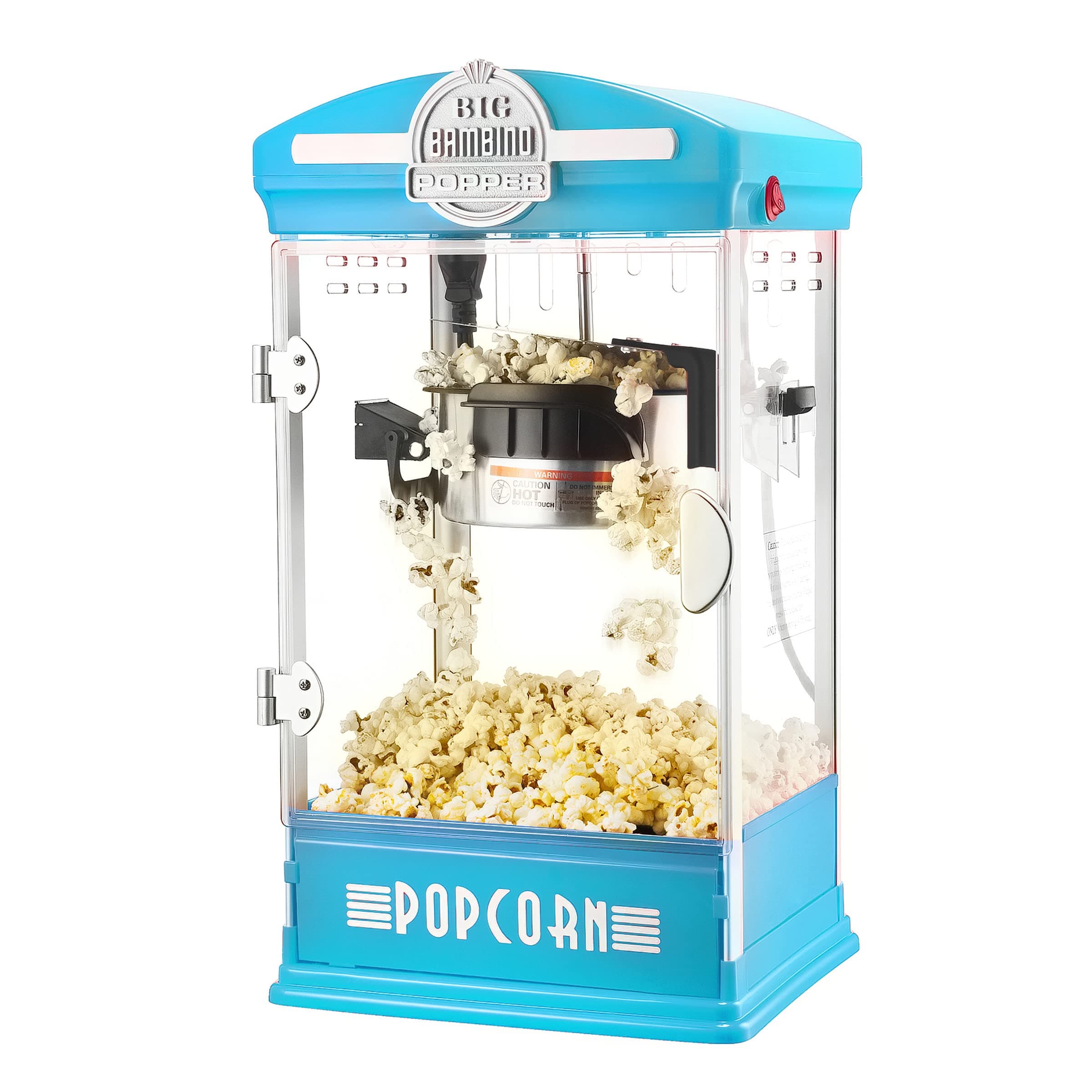 Big Bambino Popcorn Machine - Old-Fashioned Popcorn Maker with 4-Oz Kettle, Measuring Cups, Scoop, and Serving Cups by Great Northern Popcorn (Blue)