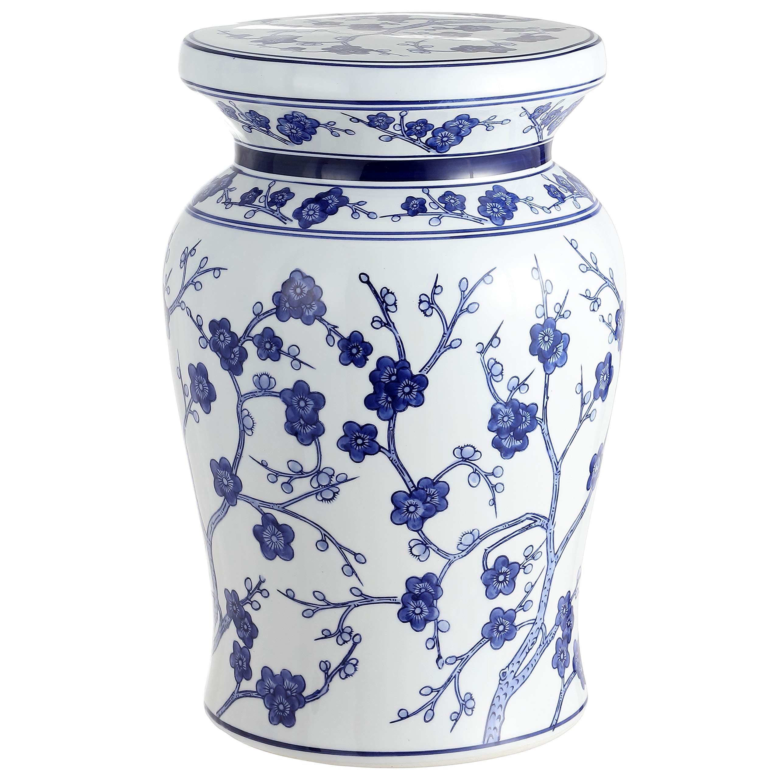 JONATHAN Y Cherry Blossom 17.7" Ceramic Garden Stool, White/Blue