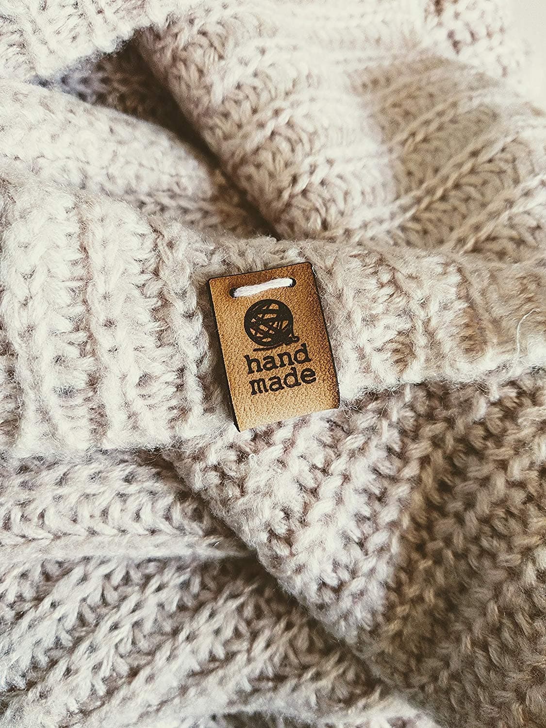 Fold Over Leather Label - Mod. D Hand Made - Handmade Leather Tags for Knitting and Crocheting (Standard Text - 30 Pieces)