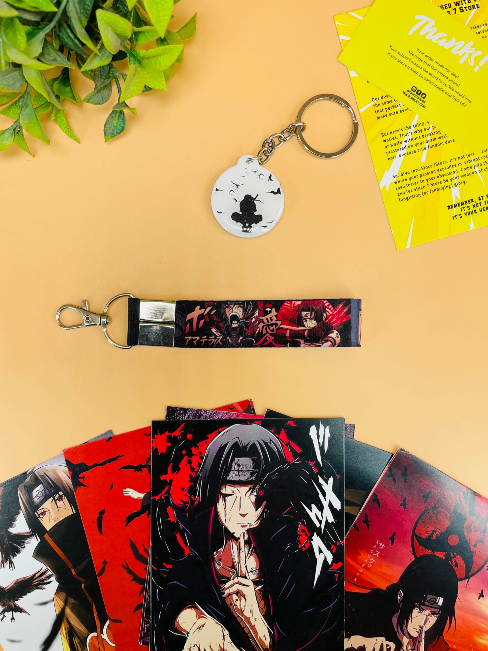 SINCE 7 STORE Itachi Uchiha 3 Item Gift Combo: 9 Self adhesive mini posters, 1 Double Sided Keychain, 1 Key-Tag - Gift For Anime Fans, Wall art, room decor, birthday, Merch