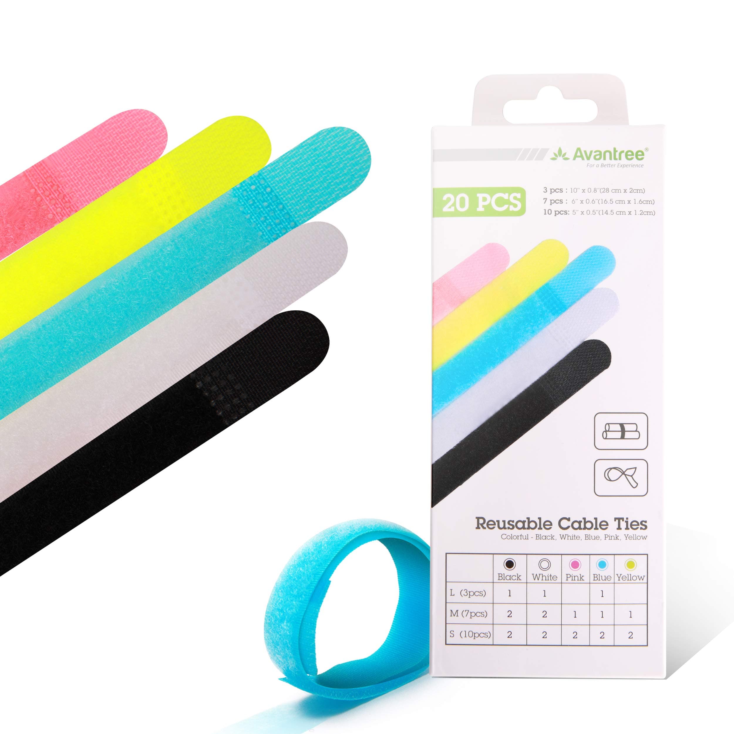 Avantree Reusable Cable Ties. Colorful 20 Pcs Set. Durable and Reusable, Special Design, 3 Different Sizes.