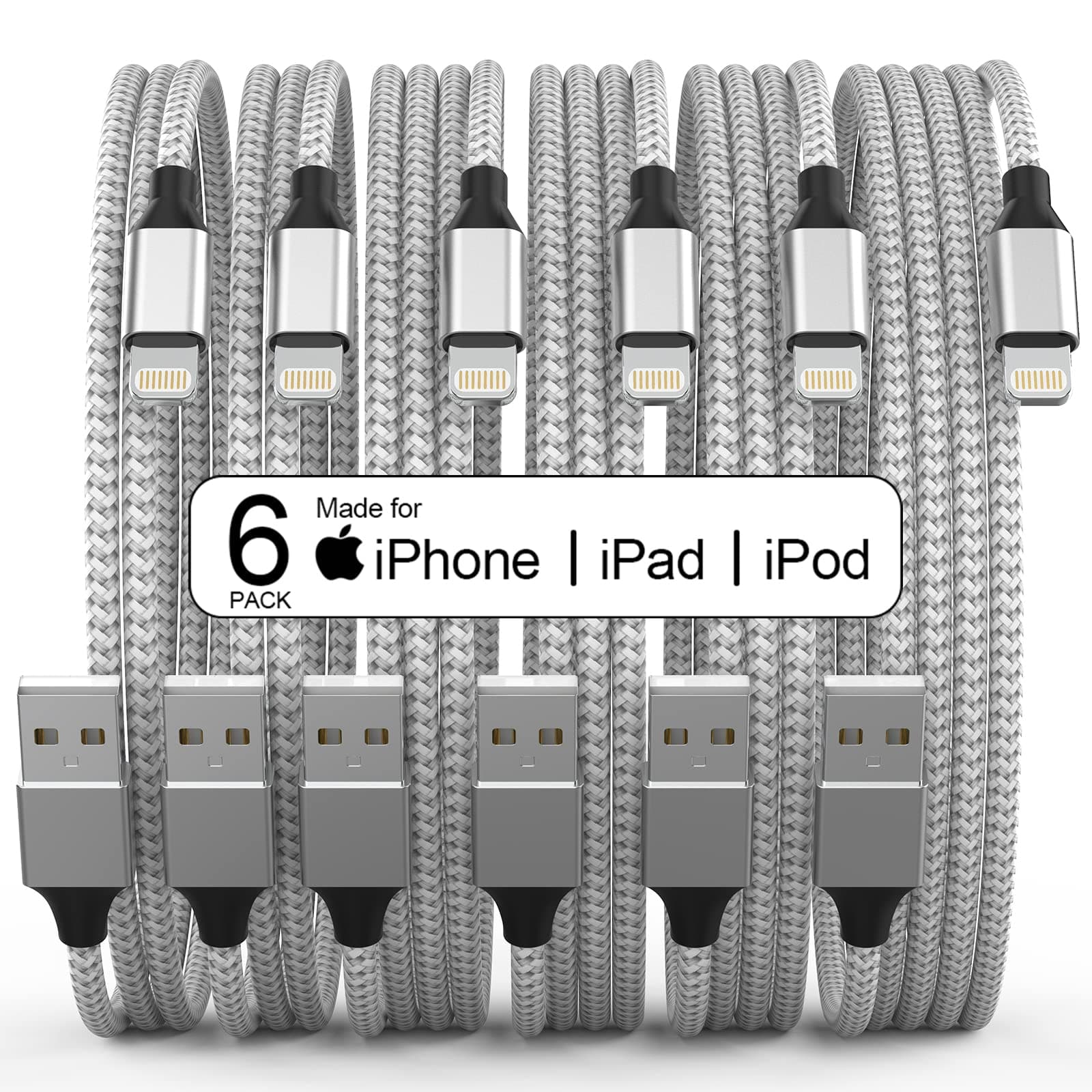 [Apple MFi Certified] 6Pack[3/3/6.1/6.1/6.1/10FT] iPhone Charger Lightning Cable Compatible iPhone 14Pro/14/13Pro/13/12Pro/12/11Pro/11/XS and More(Silver)  iPhone Charger 3 Pack 10 ft Apple MFi Certified Lightning Nylon Braided Cable Fast Charging Cord Compatible with iPhone 13 12 11 Pro Max XR XS X 8 7 6 Plus SE iPad and More  [Apple MFi Certified] 3 Pack iPhone 14 13 Fast Charger, 20W PD USB C Wall Charger Adapter with 3 Pack 6FT Type C to Lightning Cable Compatible with iPhone 14/13 Pro/13/12/12 Mini/12 Pro Max/11 Pro Max  iPhone Charger Fast Charging,【Apple MFi Certified】 2Pack 20W Type C Fast Charger Block with 6FT USB C to Lightning Cable for iPhone 14/13/13 Pro/12/12 Pro/12 Pro Max/11/Xs Max/XR/X,iPad,AirPods Pro  [Apple MFi Certified] 6Pack 3/3/6/6/6/10 FT iPhone Charger Nylon Braided Fast Charging Lightning Cable Compatible iPhone 14 Pro/13 mini/13/12/11 Pro MAX/XR/XS/8/7/Plus/6S/SE/iPad
