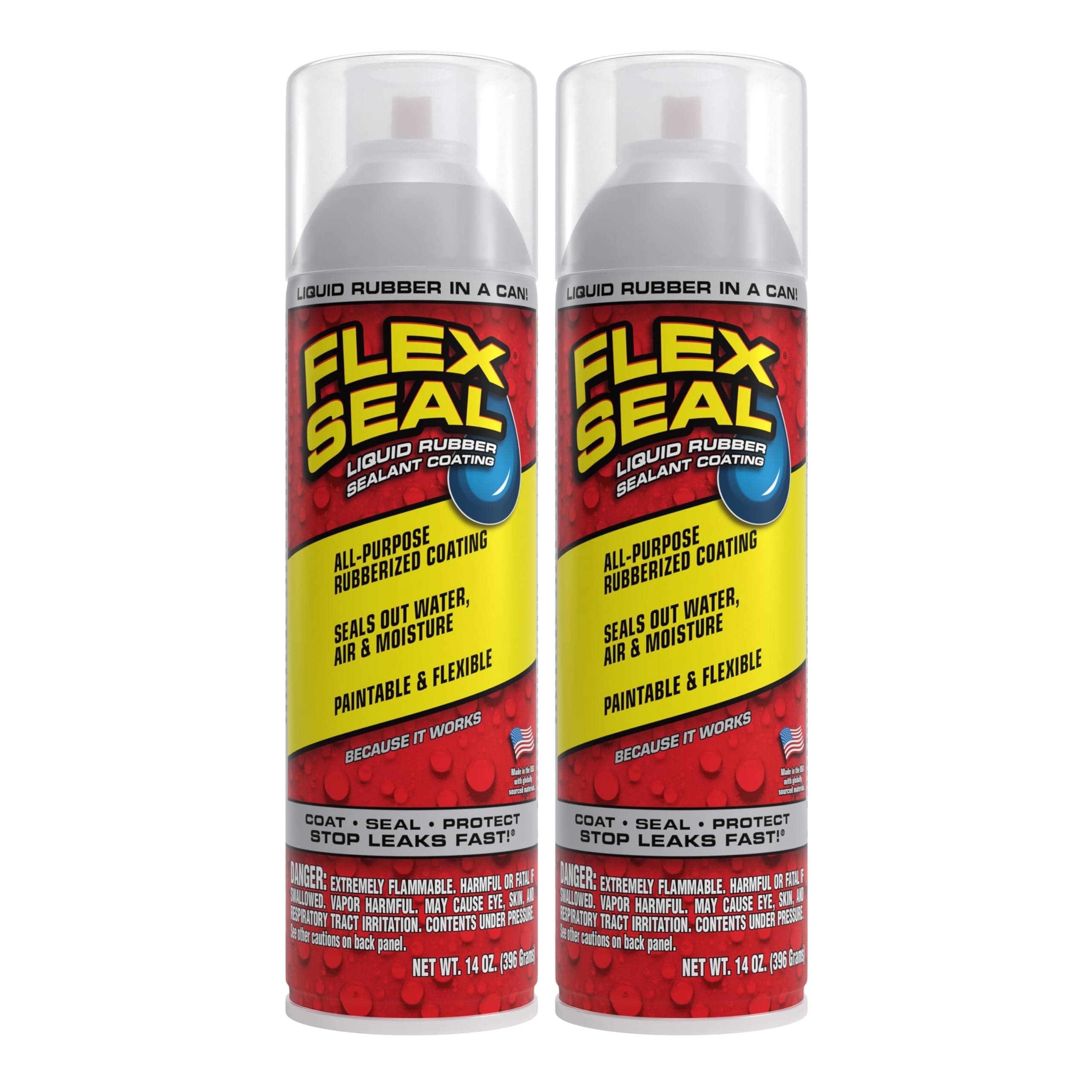 Flex Seal, 14 oz, 2-Pack, Clear, Stop Leaks Instantly, Transparent Waterproof Rubber Spray On Sealant Coating, Perfect for Gutters, Wood, RV, Campers, Roof Repair, Skylights, Windows, and More