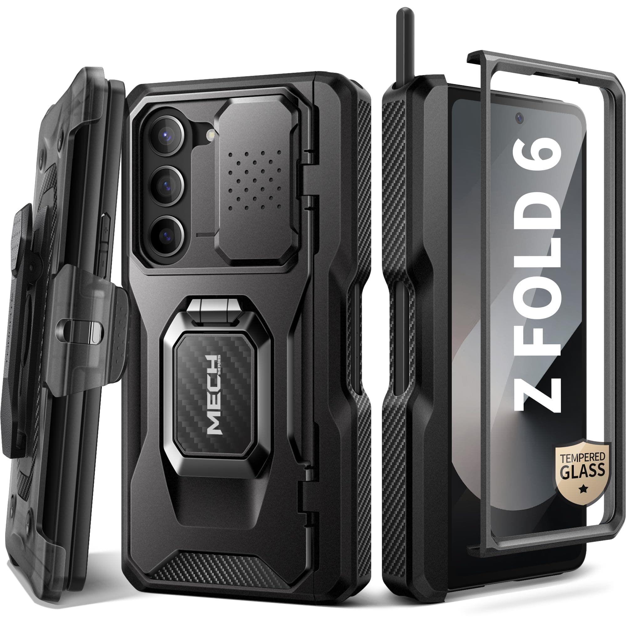 for Z Fold 6 Case with Ring Stand, Built-in S Pen Holder & HD Glass Screen Protector Rugged Z6 Phone Case with Slide Camera Cover & Belt Clip for Samsung Galaxy Z Fold 6 2024, Black HD Film