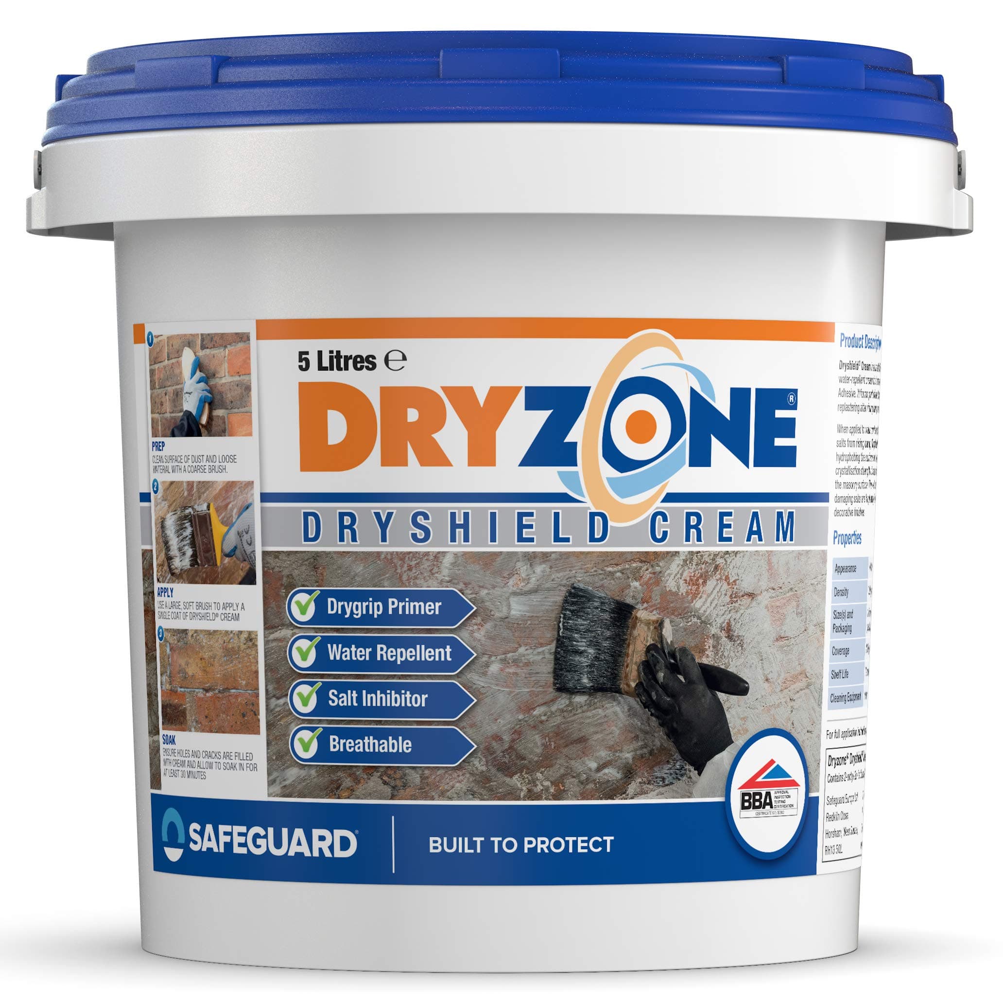 Dryzone Dryshield Cream 5L System – One Coat Salt Resistant Masonry Cream, Breathable Damp Primer for Brick, Stone & Mortar, Acts as Primer for Drygrip Adhesive (Interior)