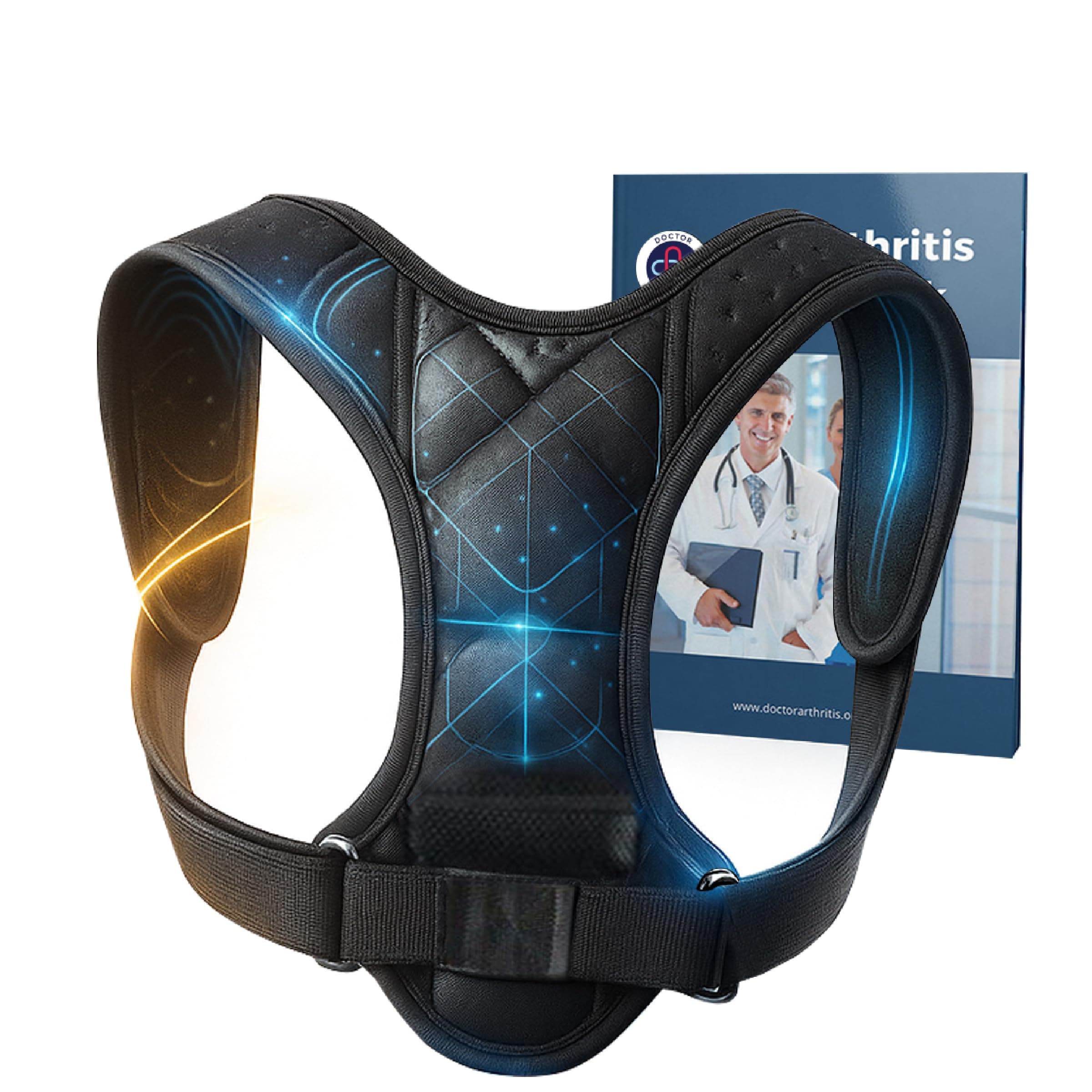Dr. Arthritis Doctor Developed Posture Support/Posture Correct/Stabilizer/Back Brace & Handbook - Fully Adjustable for Upper & Lower Back Pain. Suitable for Men & Women (Black, M)