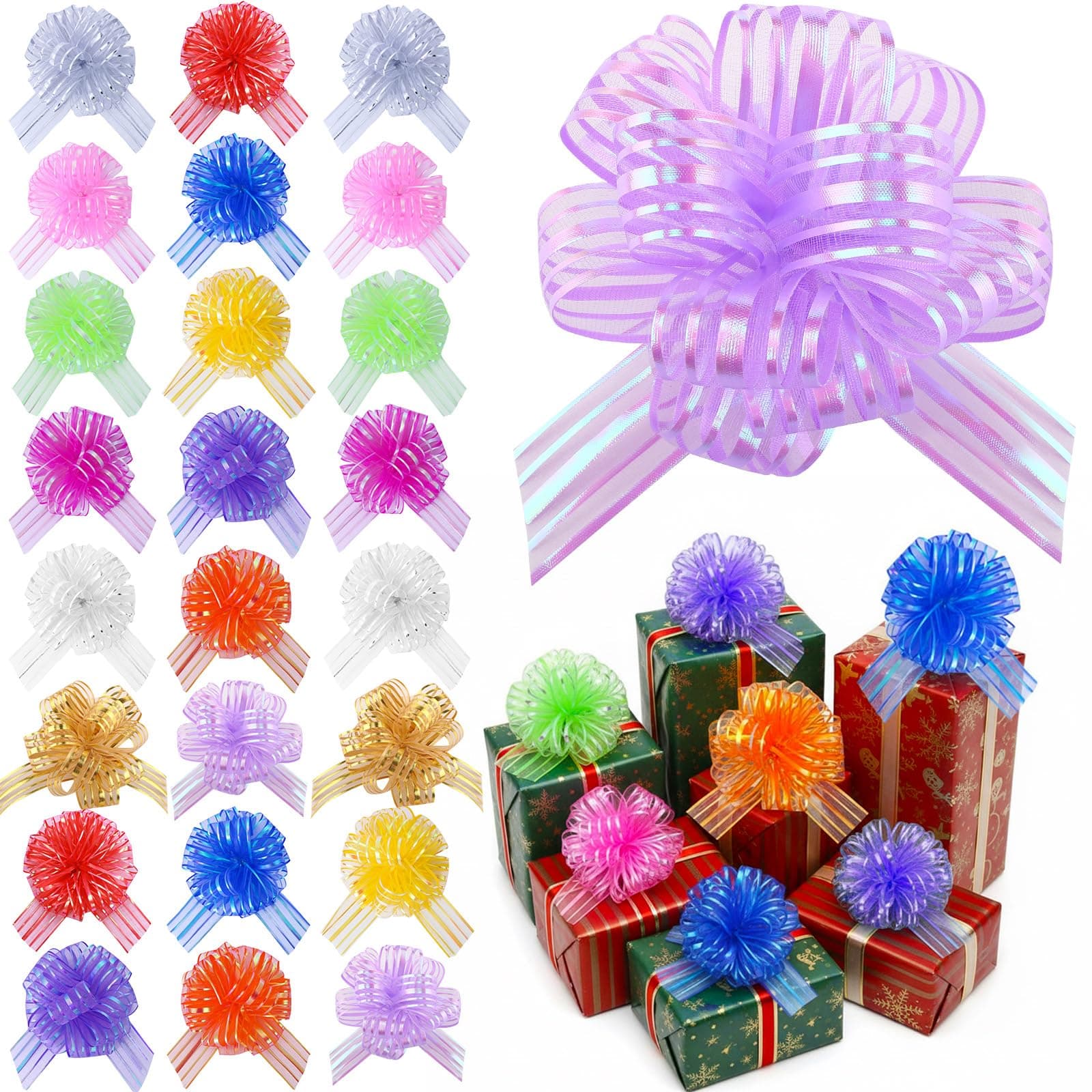 Poen 24 Pcs Organza Pull Bows 6 Inch Large Gift Wrapping Ribbon for Valentine's Day Weddings Party Decor Multicolor Elegant Flower Style