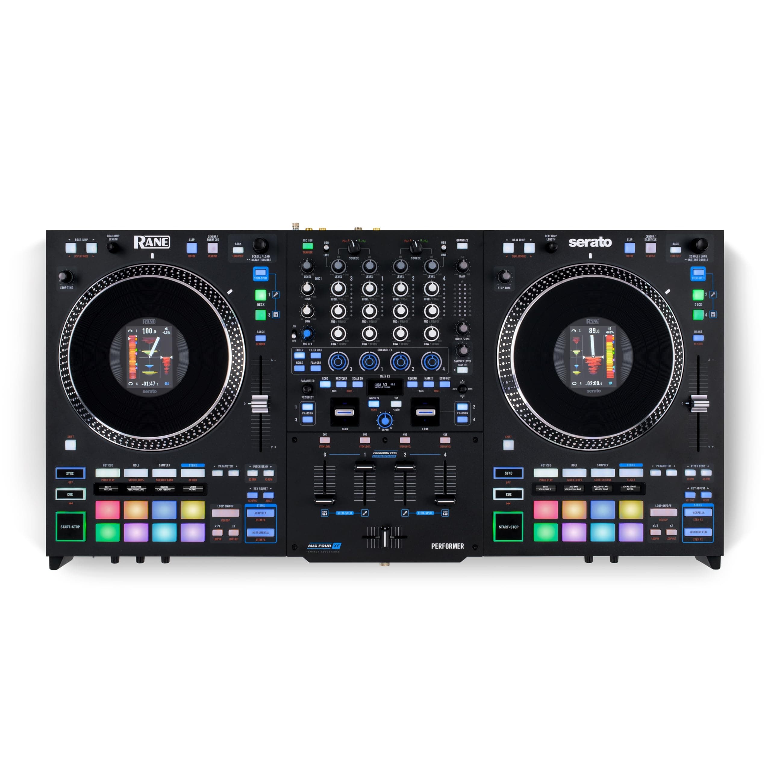 RANE PERFORMER 4 Channel Motor Powered DJ Controller with Serato DJ Pro DJ Equipment 7" Plater with Display Precision Feel Fader Stem Split Effect