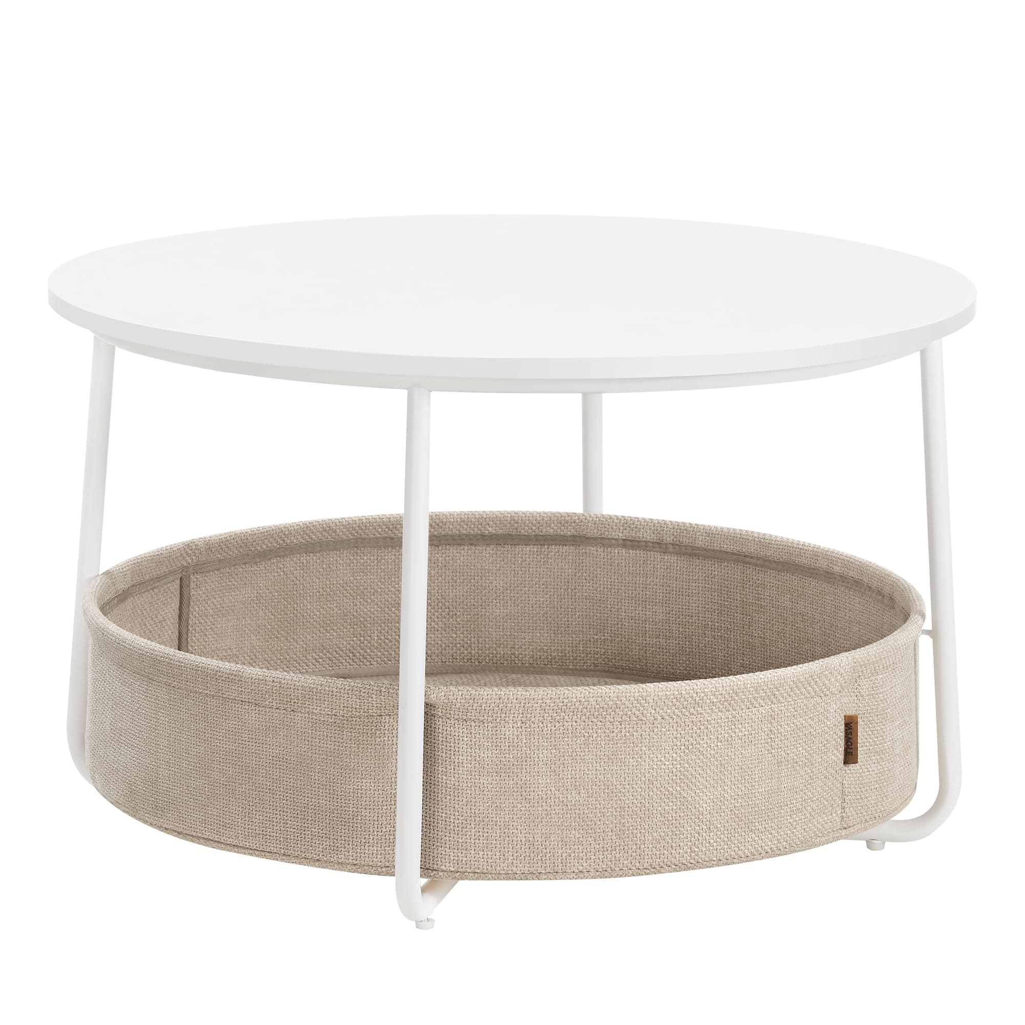 VASAGLE Coffee Table with Storage, Round Center Table for Living Room with Fabric Basket, Modern Style, Metal Frame, Matte White and Camel Brown LCT244W10