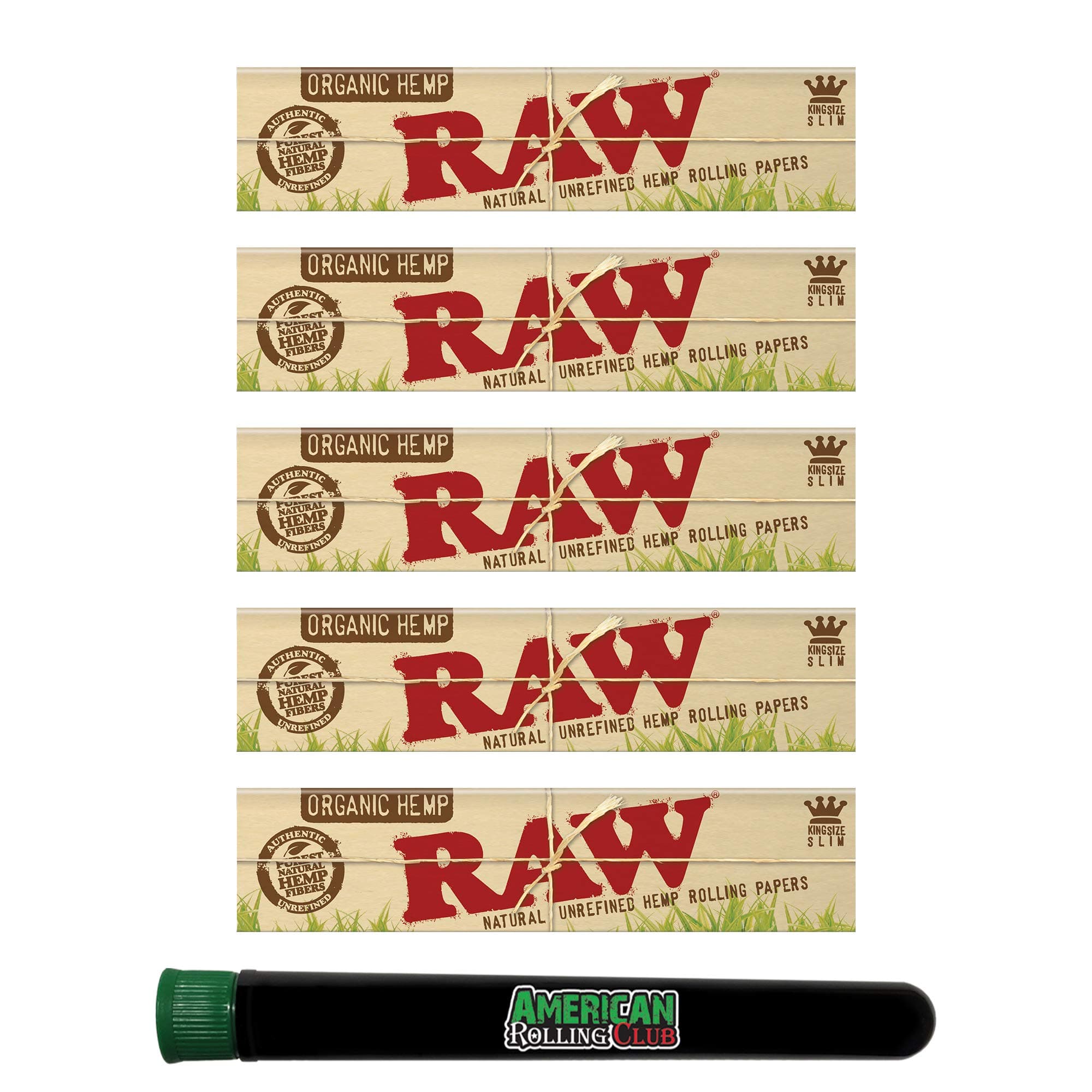 RAW Organic Rolling Papers King Size Slim 5 Pack With American Rolling Club Tube