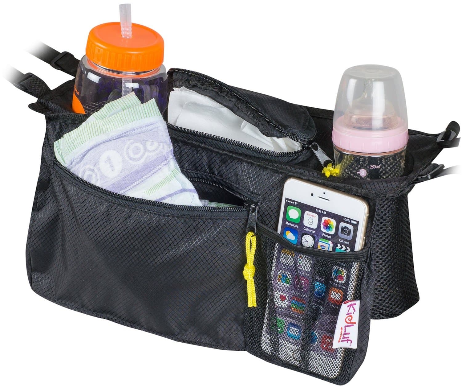 Universal Stroller Organizer Bag by KidLuf - 2 Cup Holders & Accessories Storage Bag for Strollers - with Mesh Pocket for Cell Phone (Black)