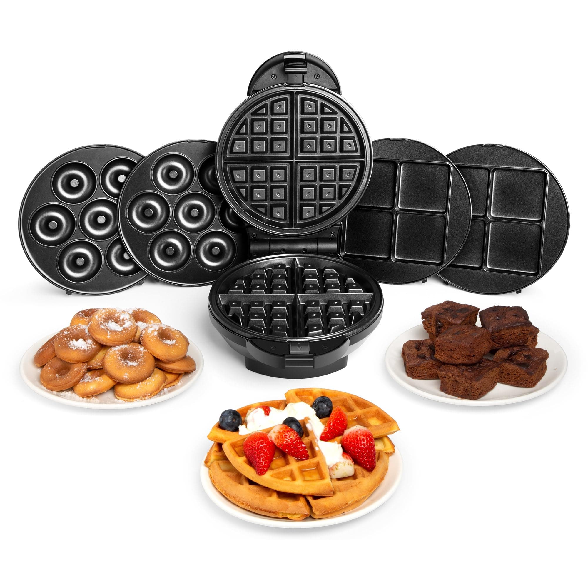 3 in 1 Waffle Maker - Brownie & Doughnut Maker with Non-Stick Removable Plates, Cool Touch, Easy Clean - Makes Donuts & Brownies (Black, 800W)