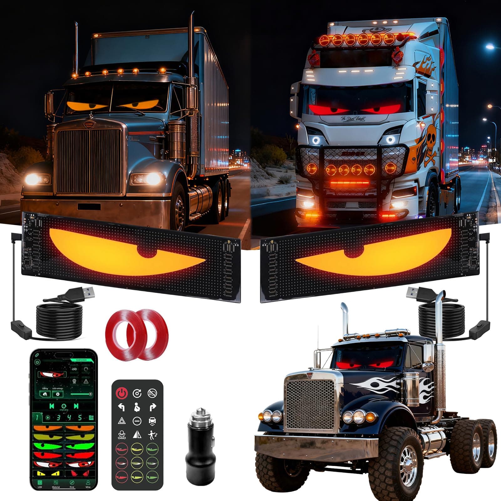 Devil Eyes Light 2PC for Windshield-23.42x4.72IN LETOUR Programmable LED Eyes [Advanced Chip, 100% Synced Dual Screen] 5V USB Powered, App/Remote Control, Windshield Eyes Animated for Cars/Trucks/SUVs