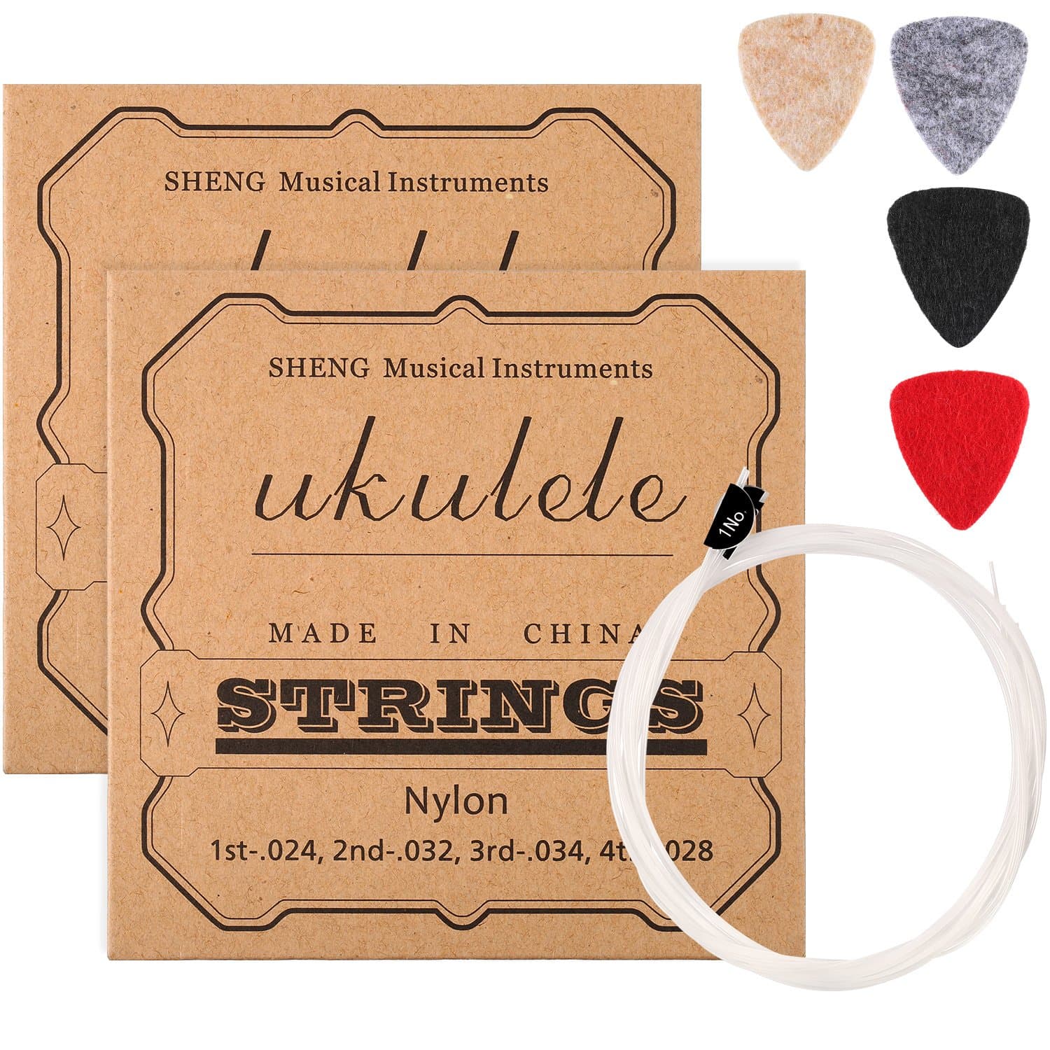 CHENGU 2 Sets of Nylon Ukulele Strings with 4 Felt Picks, Strings are White, Picks are Yellow, Gray, Black, Red