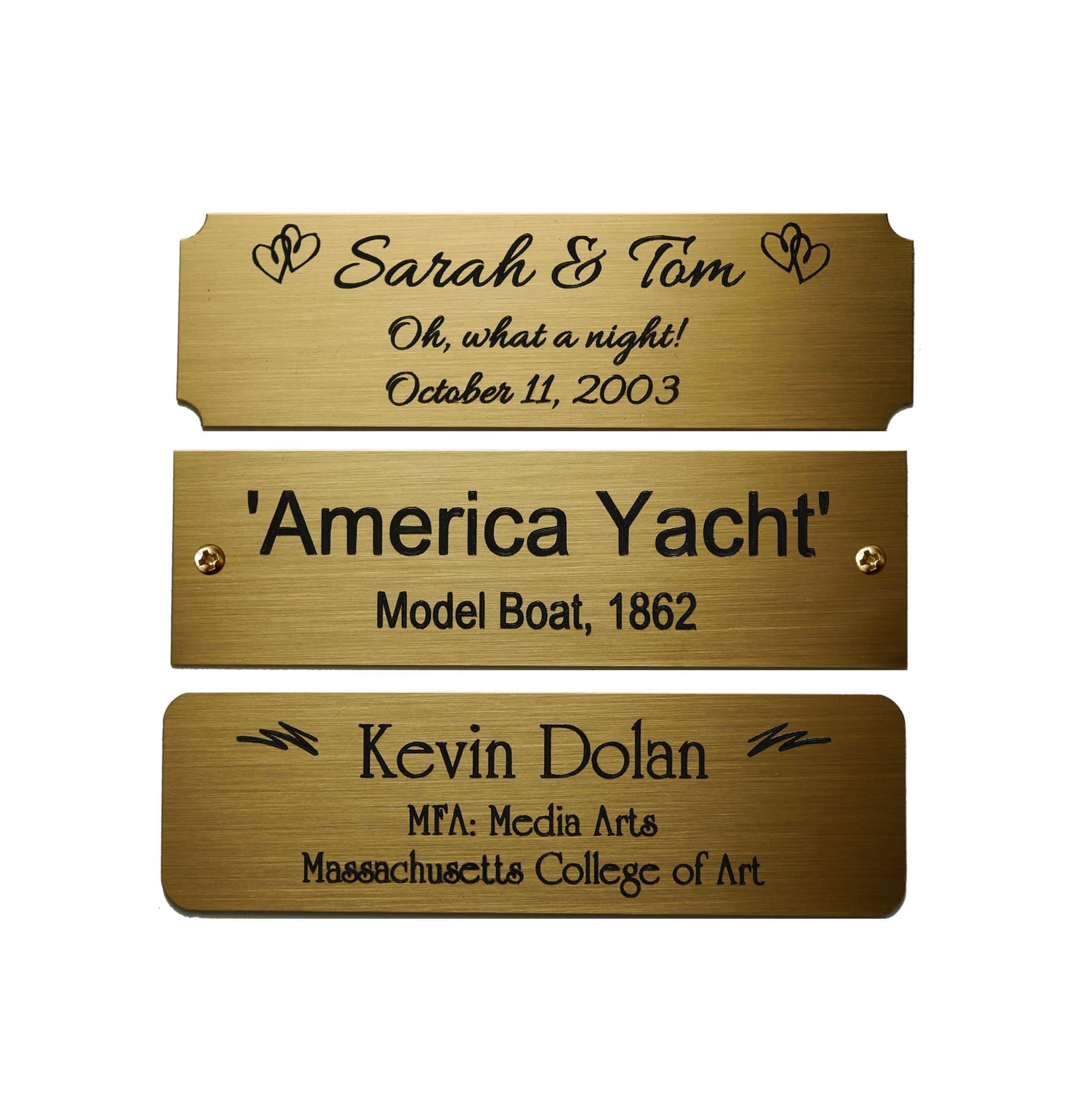 Size: 3-1/2"W x 1"H, Personalized, Custom Engraved, Brushed Gold Solid Brass Plate Picture Frame Name Label Art Tag for Frames, with adhesive backing or screws - Indoor use only