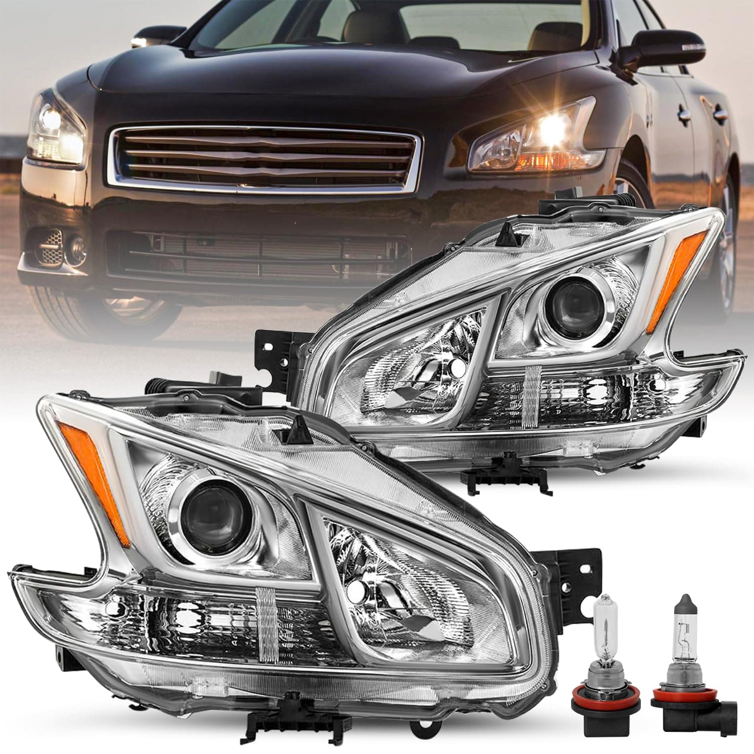 JSBOYAT Halogen Headlight Assembly Replacement for 2009-2014 Maxima 4-Door Sedan Projector Headlamp Driver and Passenger Side Chrome Housing with Amber Reflector (Bulbs Included)