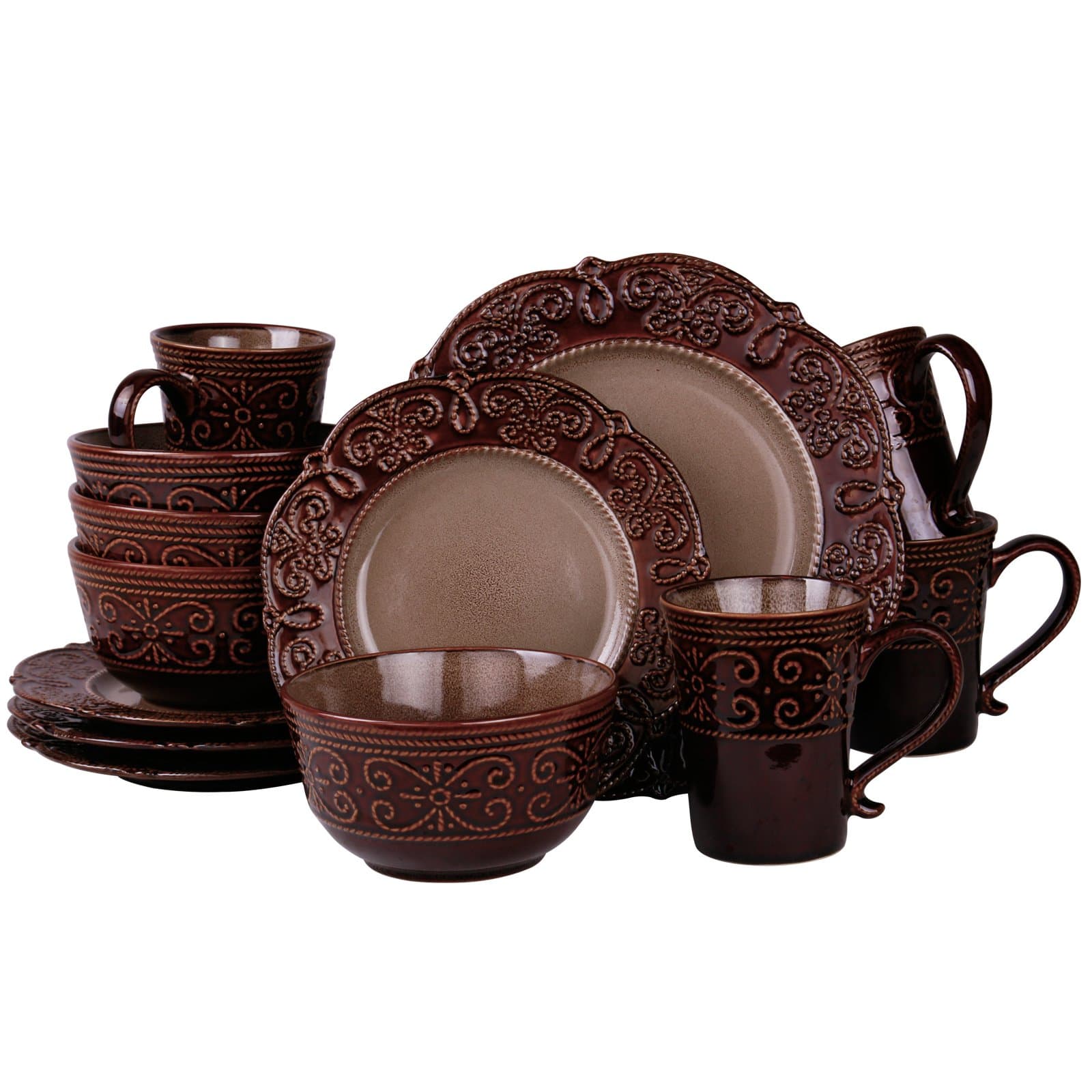 Elama Round Decorated Stoneware Scallop Embossed Dinnerware Dish Set, 16 Piece, Salia