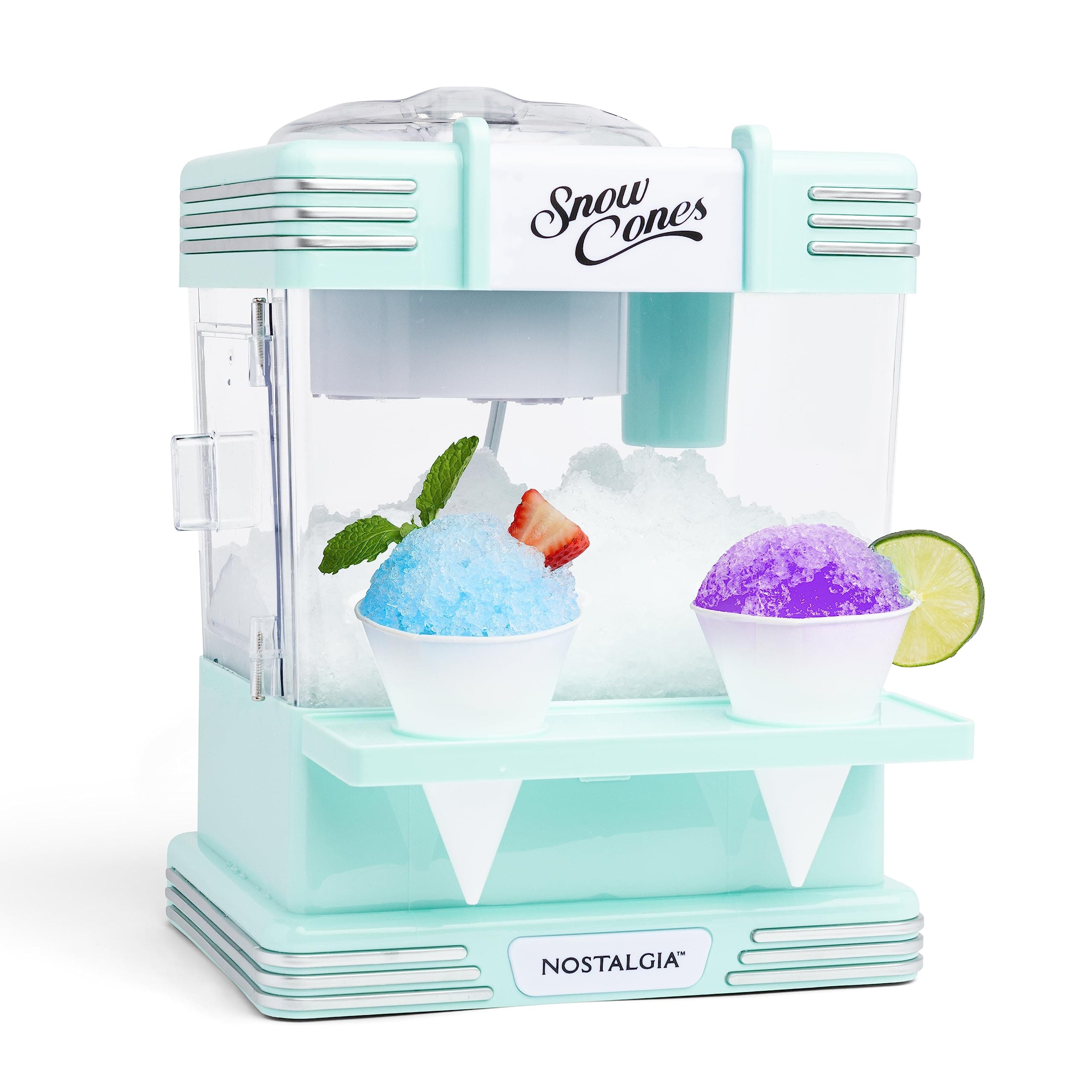 Snow Cone Shaved Ice Machine - Retro Table-Top Slushie Machine Makes 20 Icy Treats - Includes 2 Reusable Plastic Cups & Ice Scoop - Aqua