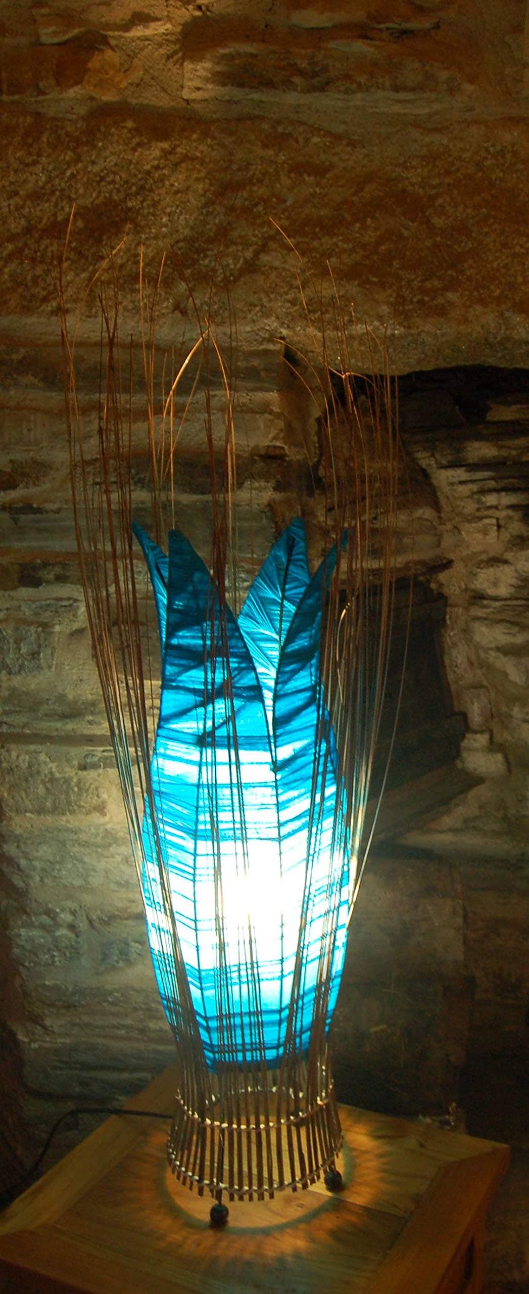 Flower Bud Table or Side Lamp with Grass from Bali - 70cm - Blue