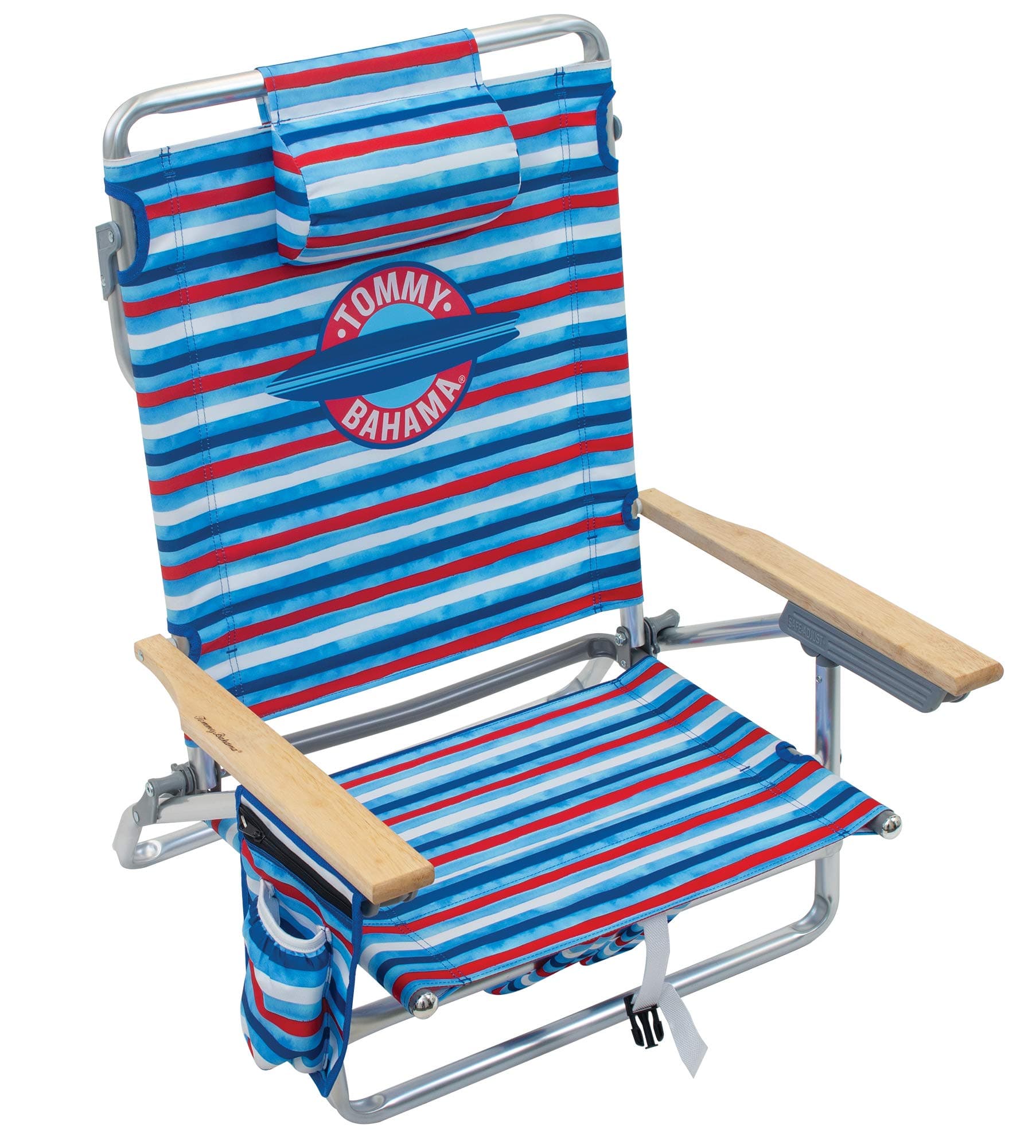 Tommy Bahama 5-Position Classic Lay Flat Folding Backpack Beach Chair, Aluminum, Red, White, and Blue Stripe