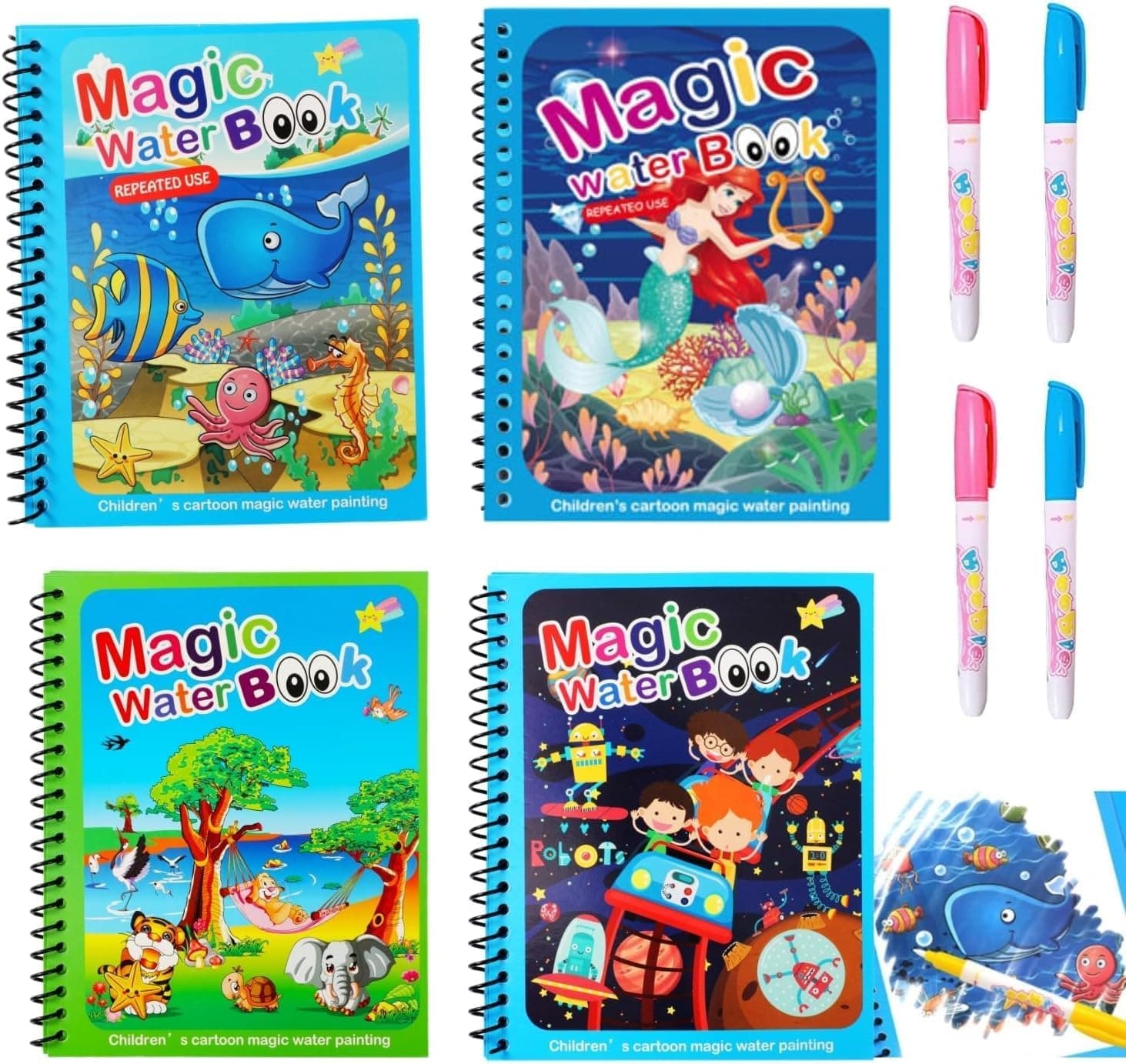 4-Pack Water Magic Coloring Books with Refillable Pens | Reusable No Mess Magic Reveal Activity Book for Kids | Educational Drawing Toy, Fine Motor Skills, Quick Dry Travel Friendly