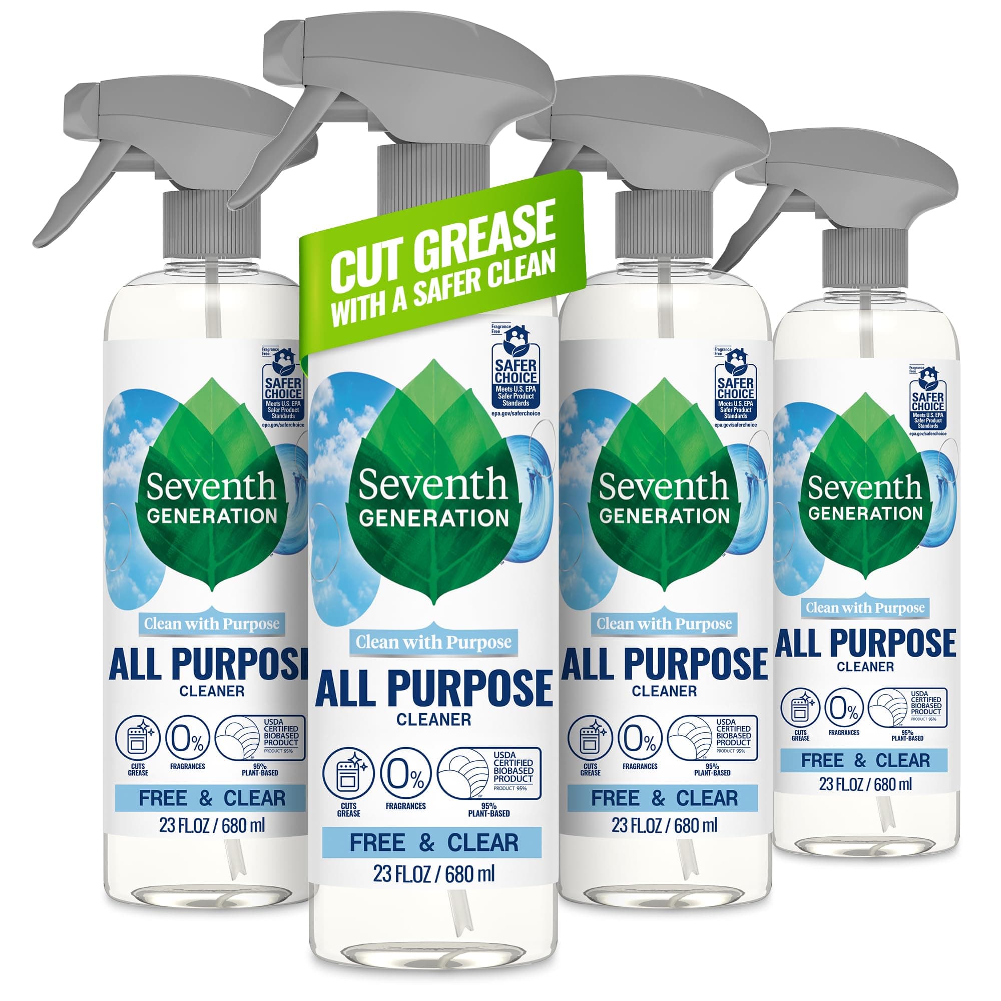 Seventh Generation All Purpose Cleaner, Biodegradable Formula, Free & Clear, 23 oz (Pack of 4)