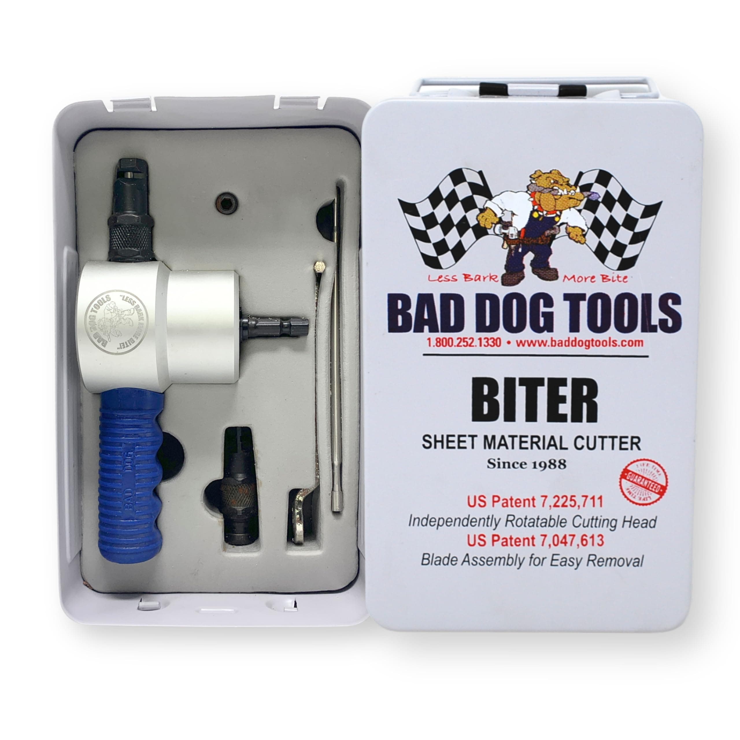- Biter Kit - Dual Head Nibbler Drill Attachment w/Patented Steerable Head. Includes 2 Steerable Heads (2”) & HSS blade, Spare HSS Blade, Spare Cutting Head, Spare Set Screw, & Combo-Wrench.