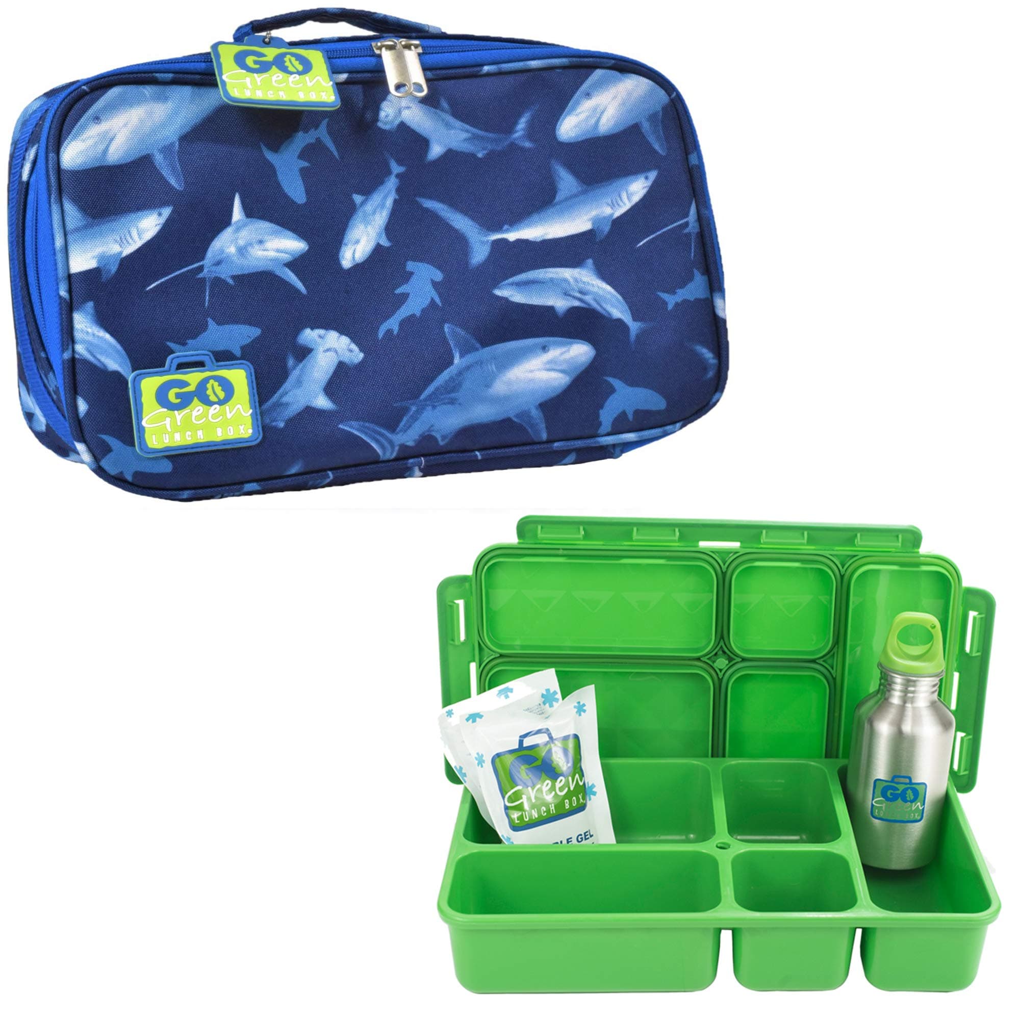 Lunch Box Set With 5 Compartment Leak-Proof Bento Lunch Box, Insulated Carrying Bag, Beverage Bottle, and Gel Freezer Pack Adults and Kids Blue Shark (Shark Frenzy)