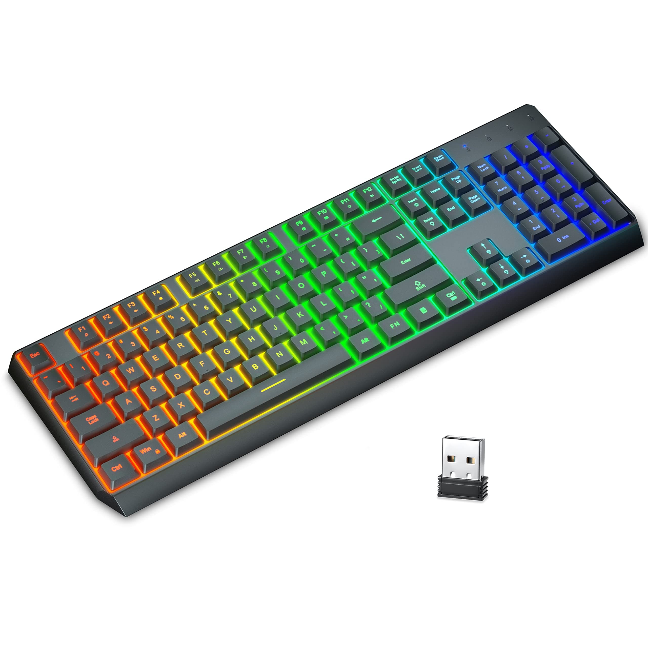 Wireless Keyboard Rainbow Backlit Anti Ghosting, TopMate Rechargeable LED Light Up Gaming Keyboard Wireless and Wired, 2.4G Ultra Slim Silent Gamers Keyboard Water Spill Proof, for PC/Laptop/Windows