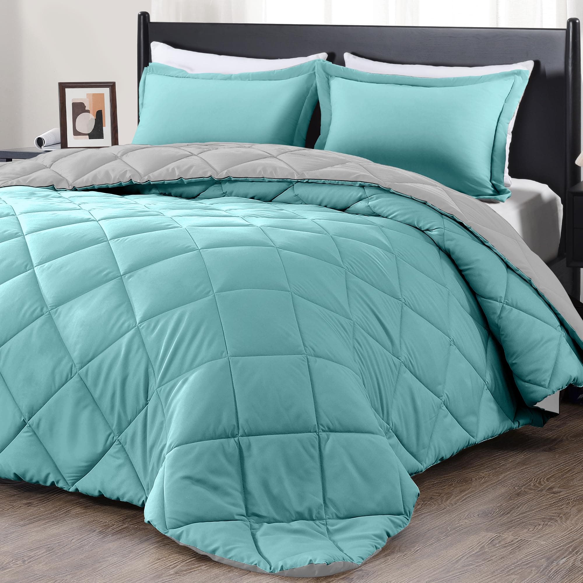 King Size Comforter Set - Turquoise and Grey King Comforter, Soft Bedding Sets for All Seasons -3 Pieces - 1 Comforter (104"x92") and 2 Pillow Shams(20"x36")
