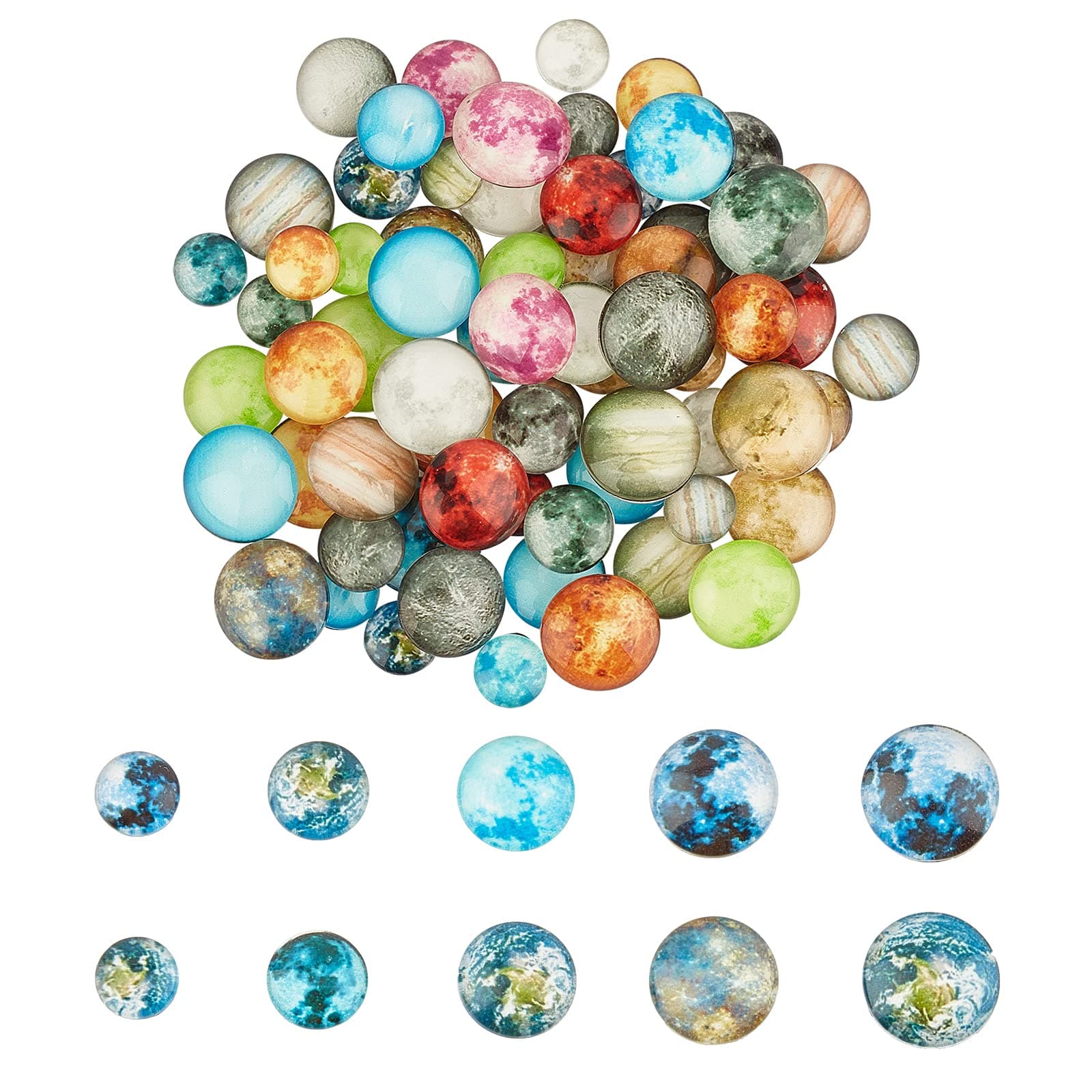 CHGCRAFT 80Pcs 10Styles Luminous Glass Cabochons Solar System Planet Pattern Round Flatback Charms for Keychain Key Ring Bracelet Jewelry Making, 10/12/14/15/16mm