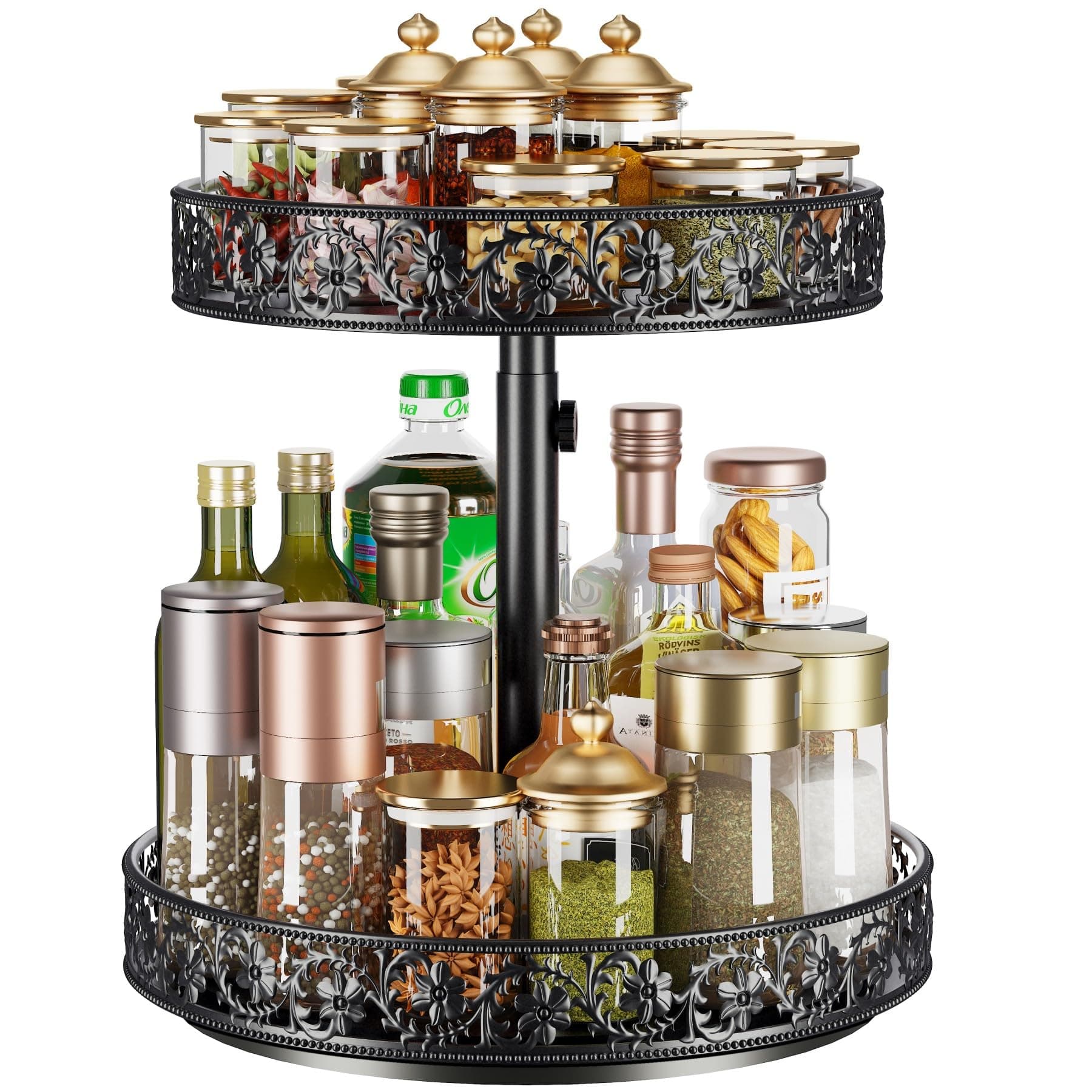 Two Tier Lazy Susan Organizer Turntable Height Adjustable, 2 Tier Lazy Susan 12 Inch Metal Easy Assembly, Spice Rack Organizer Rotating for Cabinet Dining Table Top Kitchen Countertop Black