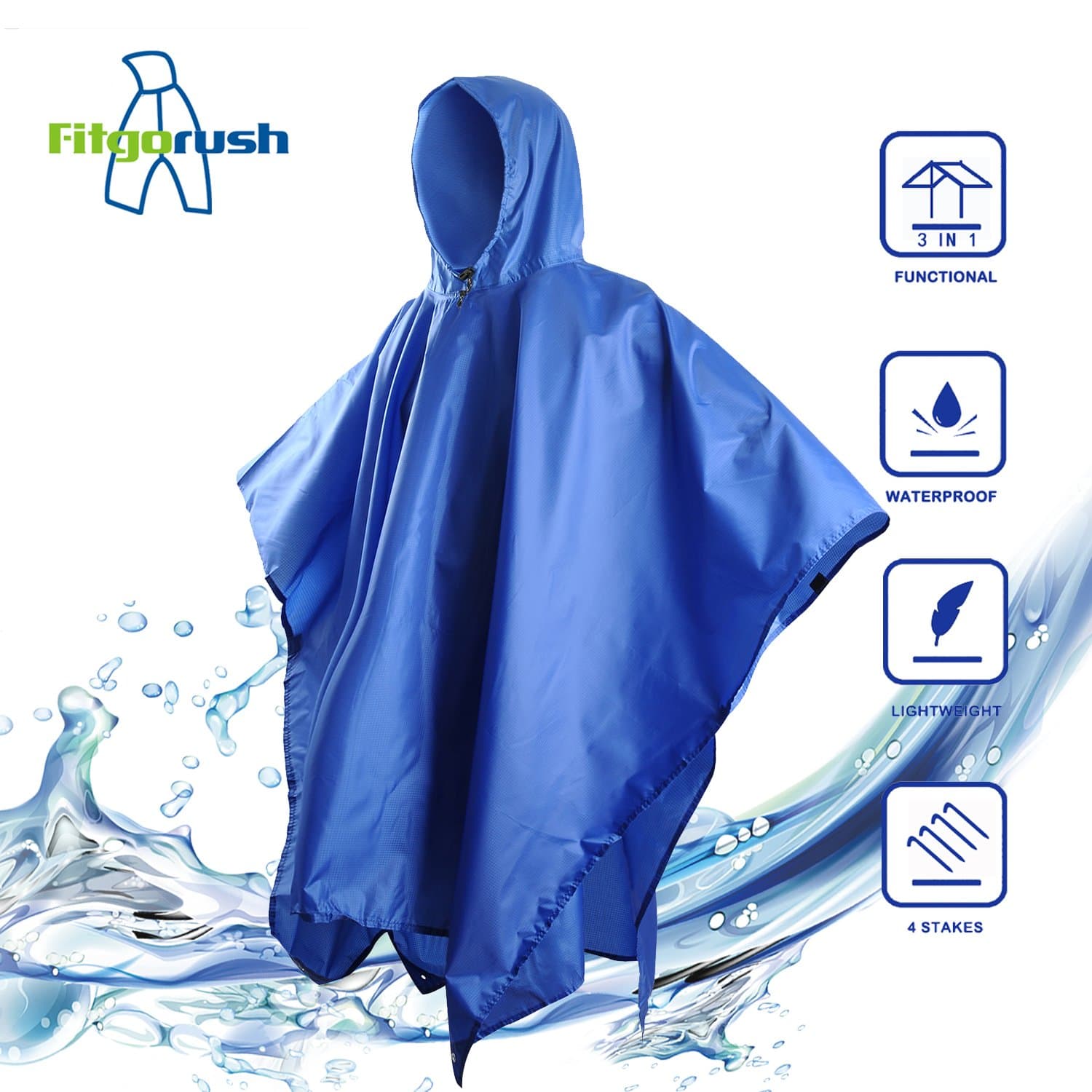Fitgorush Multi-Functional Rain Poncho, Waterproof and Lightweight Rain Coat, Gound Mat for Shelter Use Climbing Camping Cycling (4 Pegs Inculded)