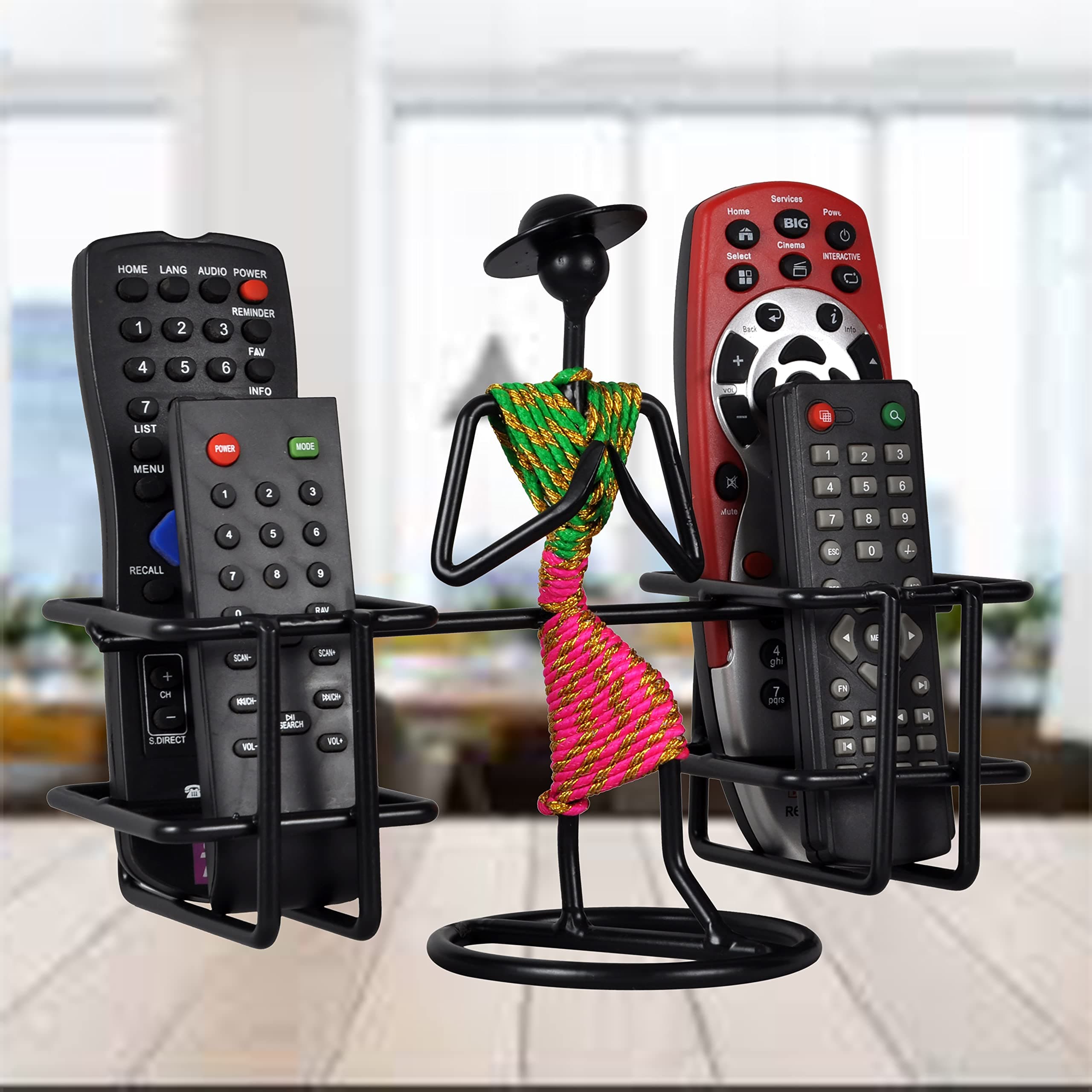D&V Engineering Metal Welcome Gesture Lady Design Remote Holder | Namaste Remote Stand & Organizer for TV, AC, STB, DTH Remotes | Living Room Décor Showpiece | Holds 4 Remotes (Green & Pink)
