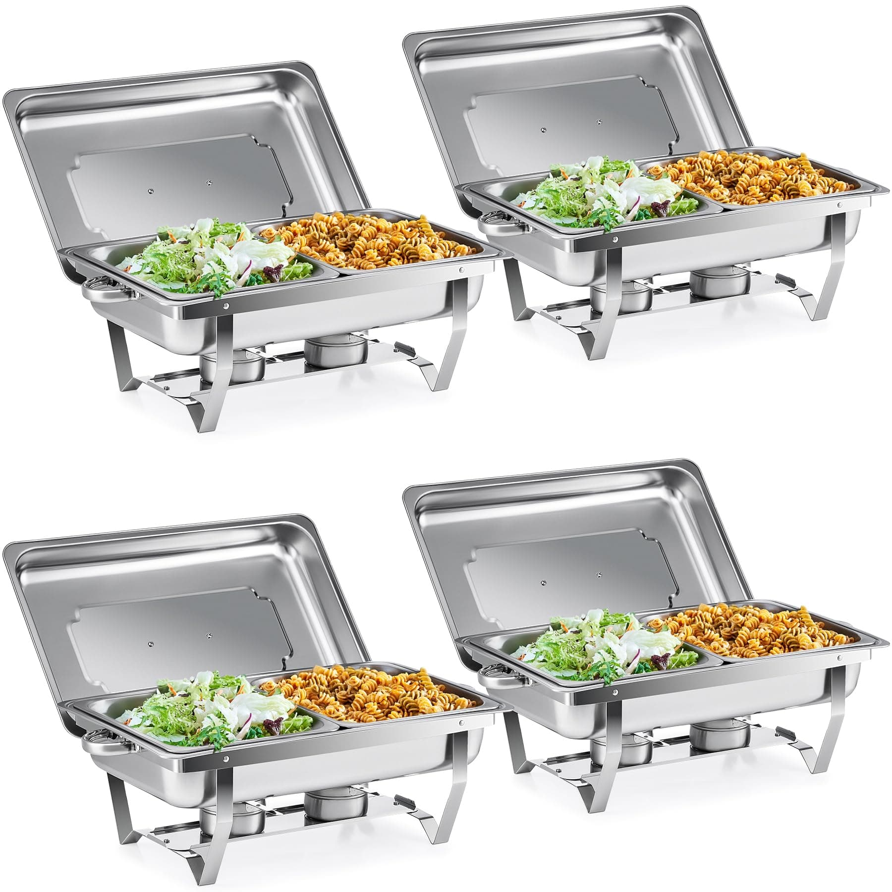 WILPREP Chafing Dish Buffet Set, 4 Pack 9L Chafers for Catering with 8 Half Size Food Pans Fuel Holders 4 Lids Foldable Frames, Stainless Steel Food Warmers for Parties Buffets Banquets Dinners