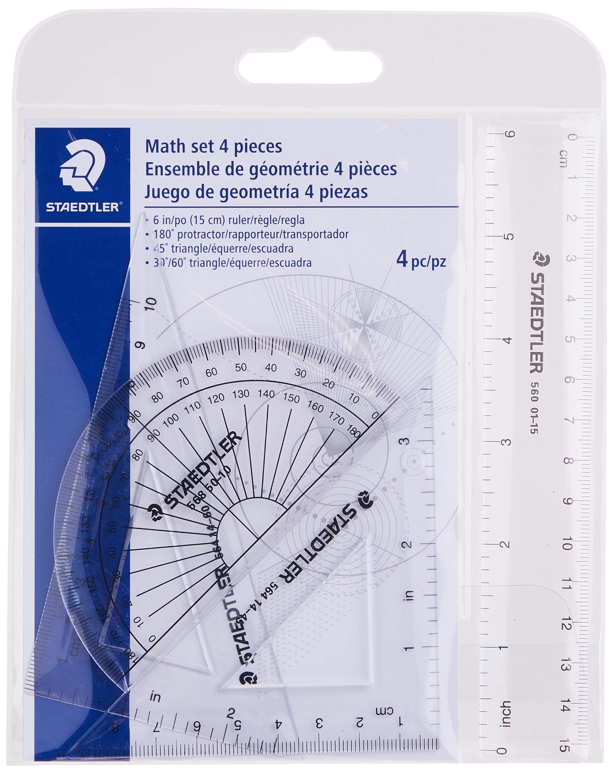Math Set - 4 pc Geometry Kit for Students - School Supplies with Clear Protractor, 6in Ruler & 2 Triangles – Metric & Imperial Scales
