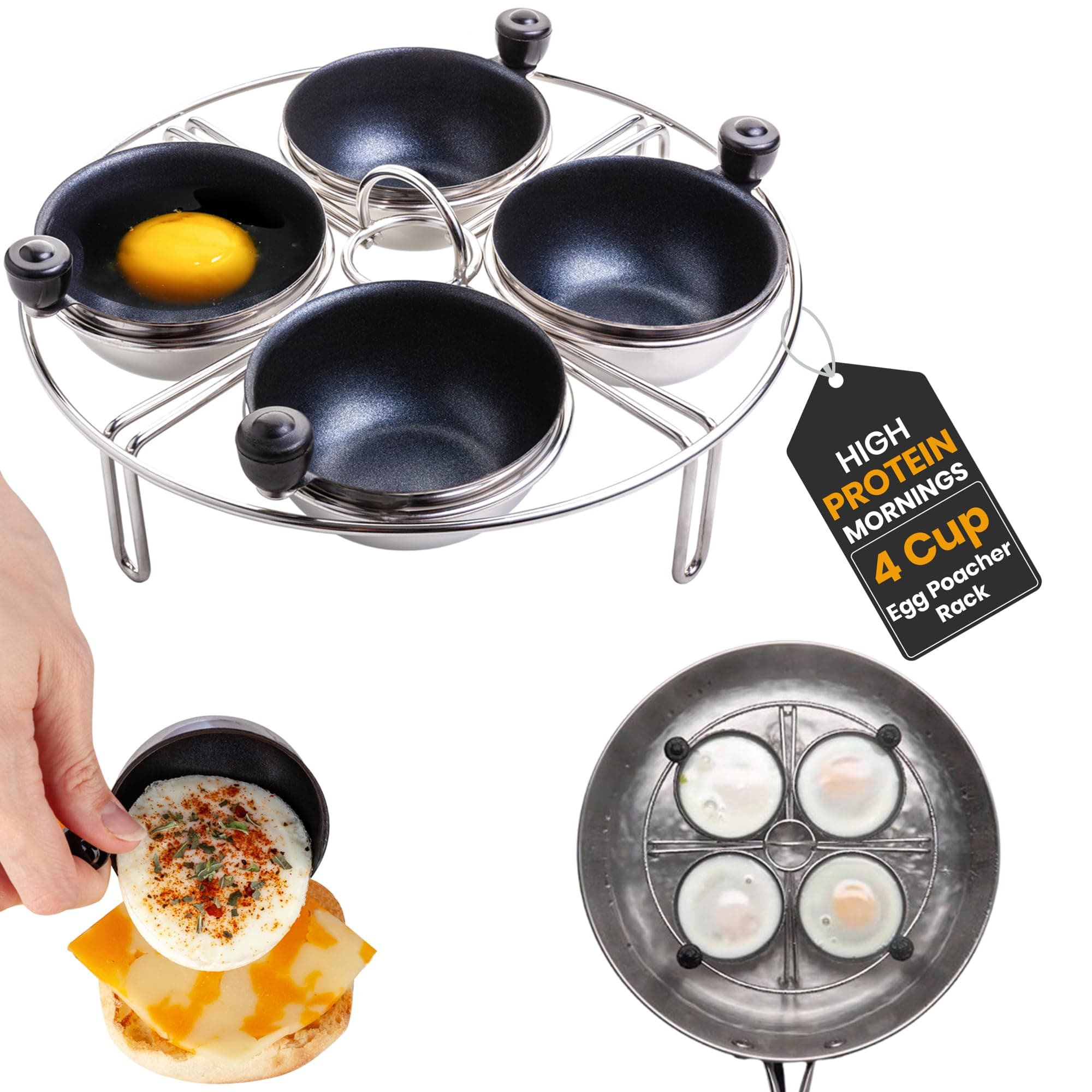 Eggssentials Egg Poacher Insert Stainless Steel Poached Egg Cooker Eggs Poaching Cup PFOA Free Egg Poachers Nonstick, 7.25" Rack Compatible with Current Cookware, Skillets & Instant Pots
