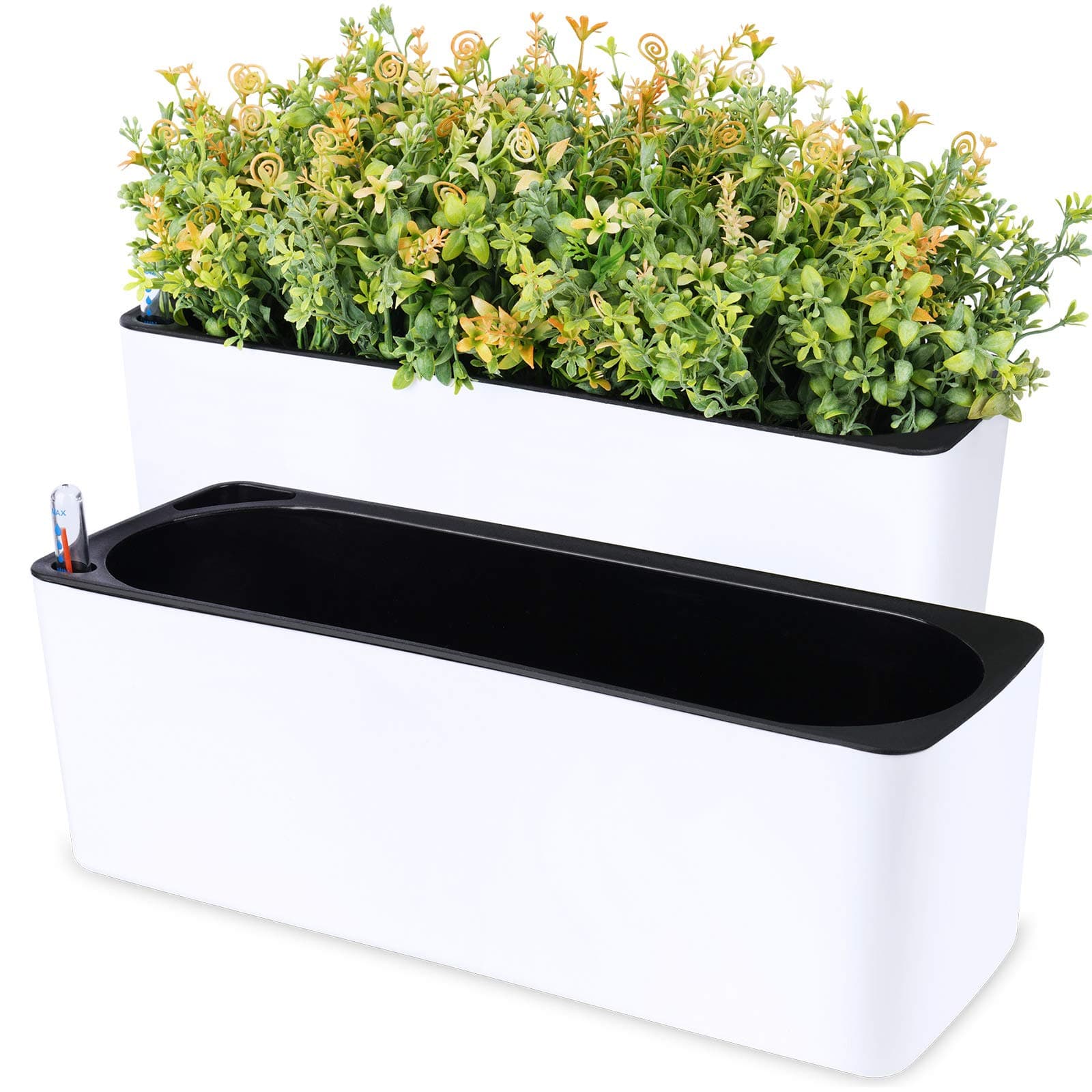 NiHome 2-Pack Self Watering Planters Rectangular 2-Layer Window Herb Planter Box for Indoor Plants Garden Balcony, Window Sill Planters with Water Gauge Indicator