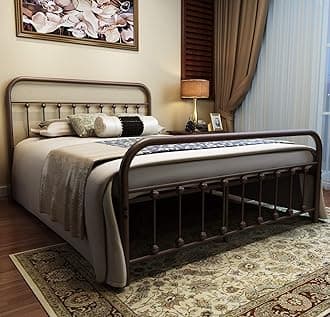 Metal Bed Frame Queen Size Headboard and Footboard The Country Style Iron-Art Double Bed The Metal Structure, Antique Bronze.Sturdy Frame Premium Steel Slat Suppot