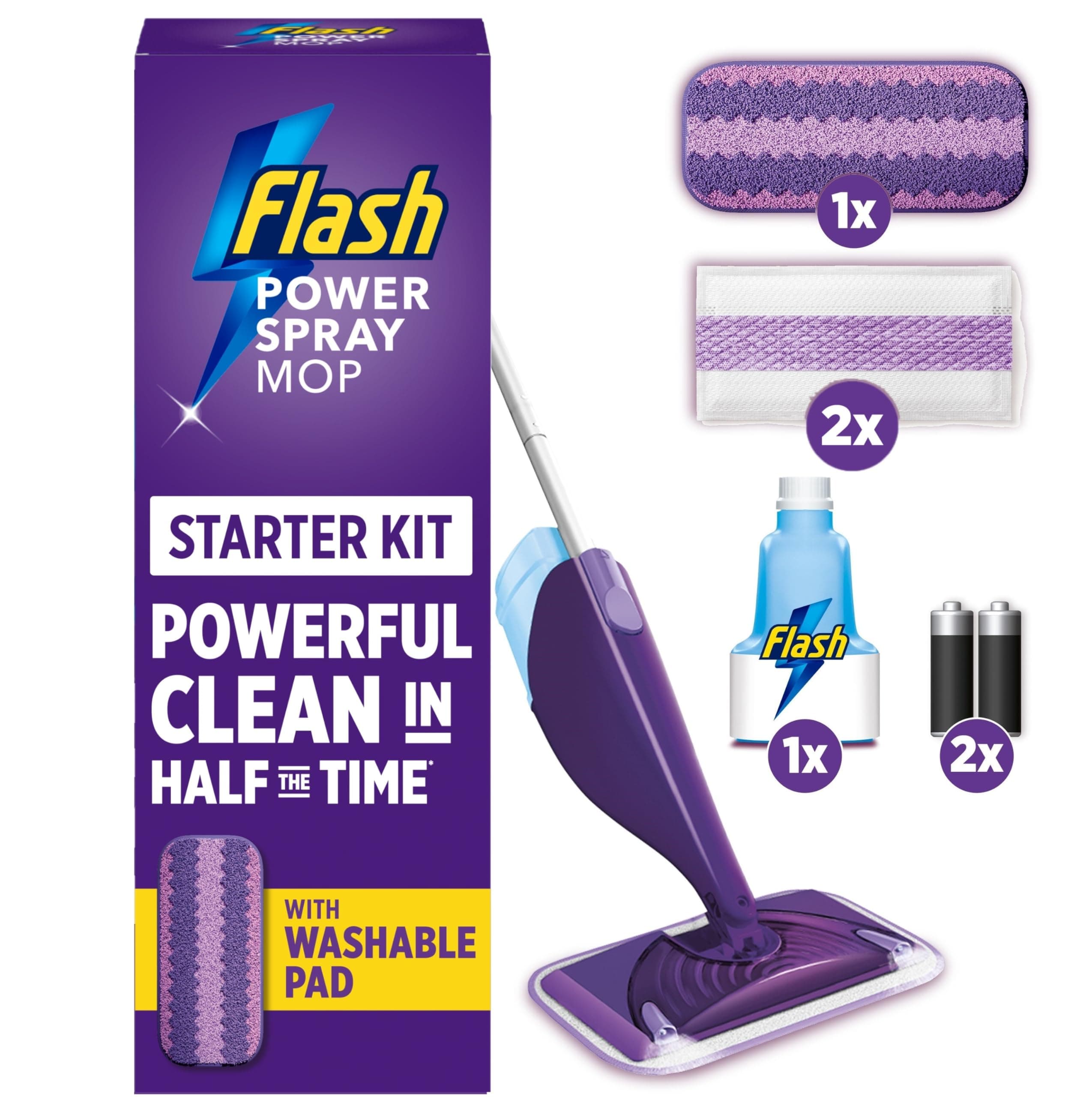 Flash Power Spray Mop Floor Cleaner Starter Kit (1 Washable + 2 Disposable Pads), All-In-One System For Your Floors
