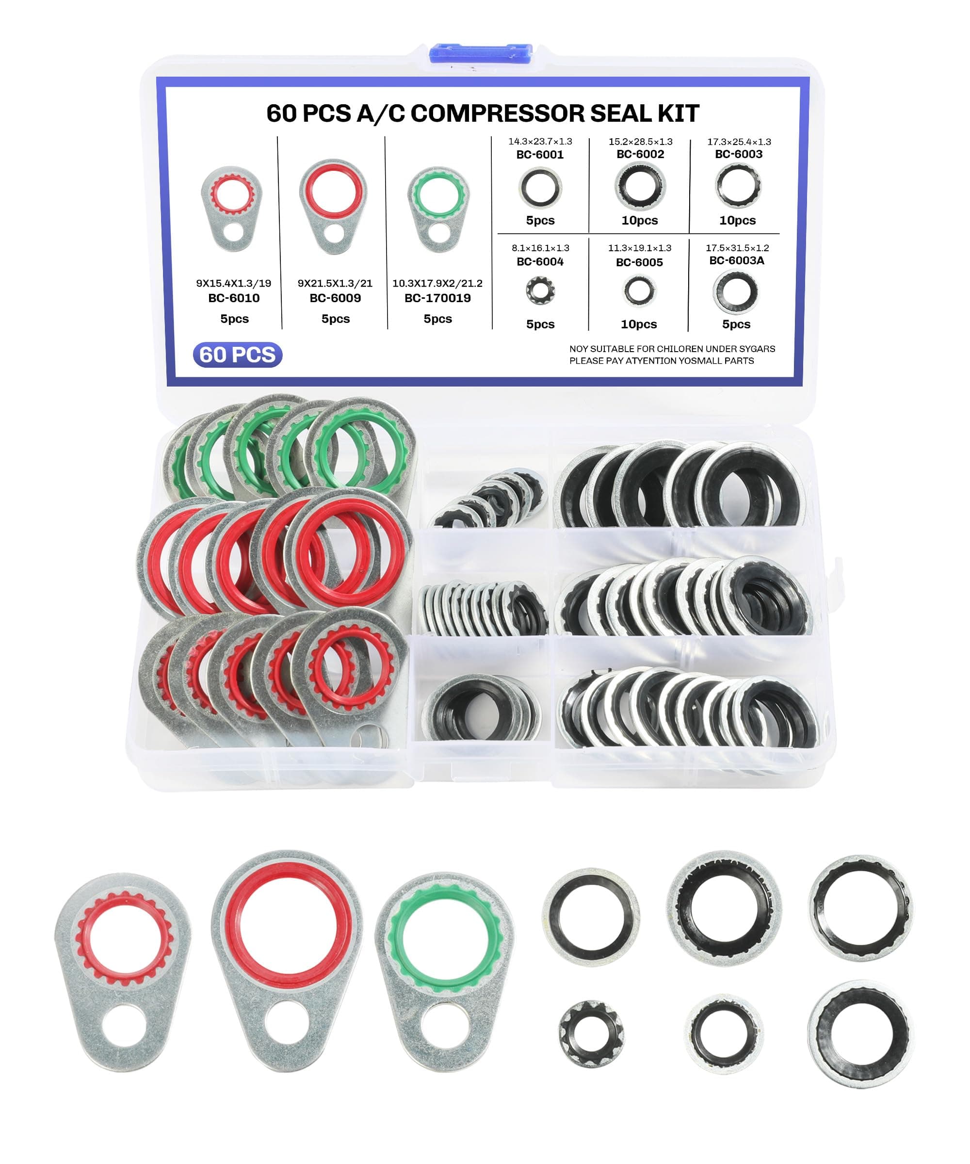A/C O Ring Kit, 60pcs AC Seal Kit, Silver Rubber Automotive Air Conditioning Line O-Rings, 9 Sizes, 1 Pack