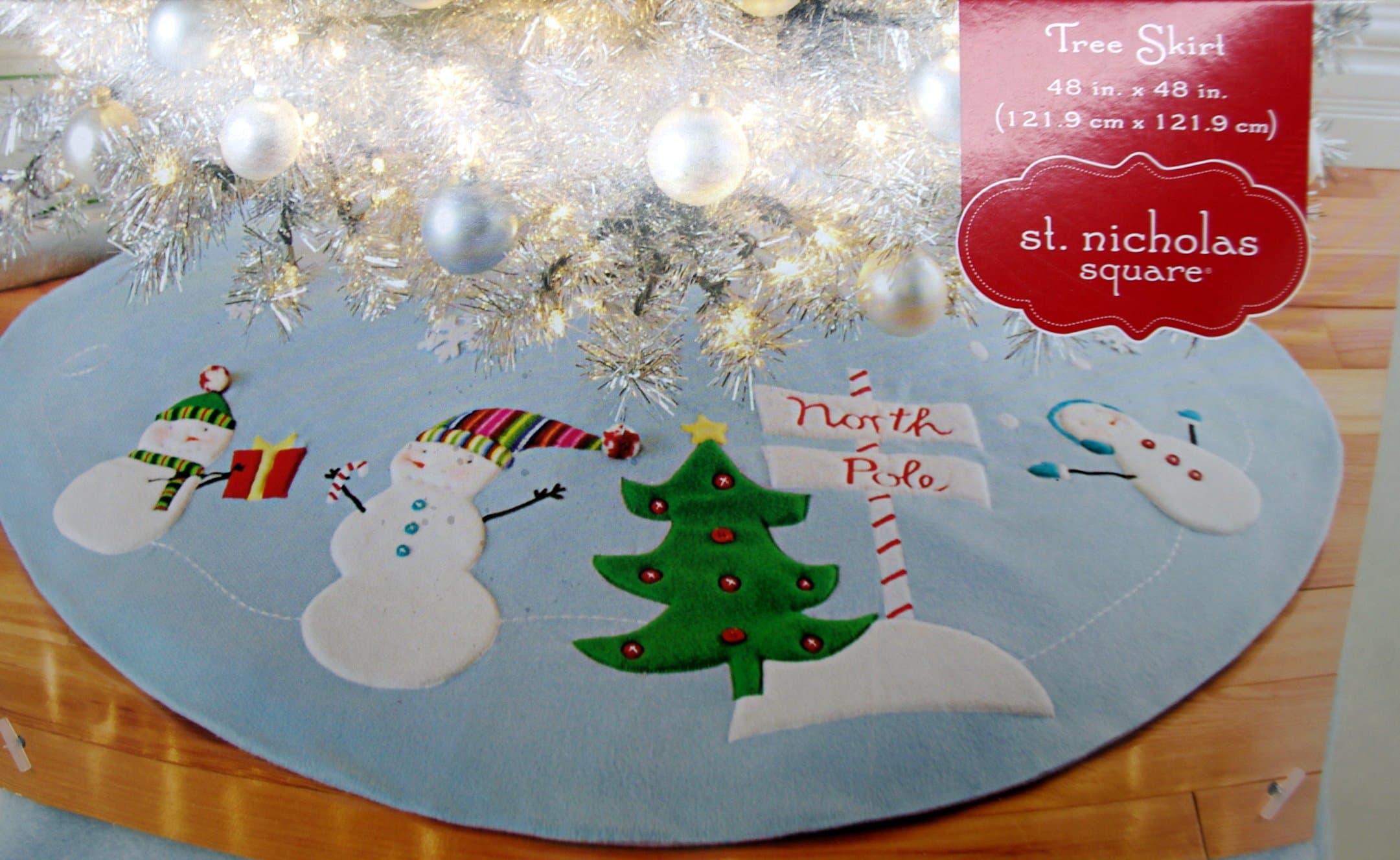 St. Nicholas Square Light Blue Appliqued Snowman North Pole Tree Skirt 48" x 48"