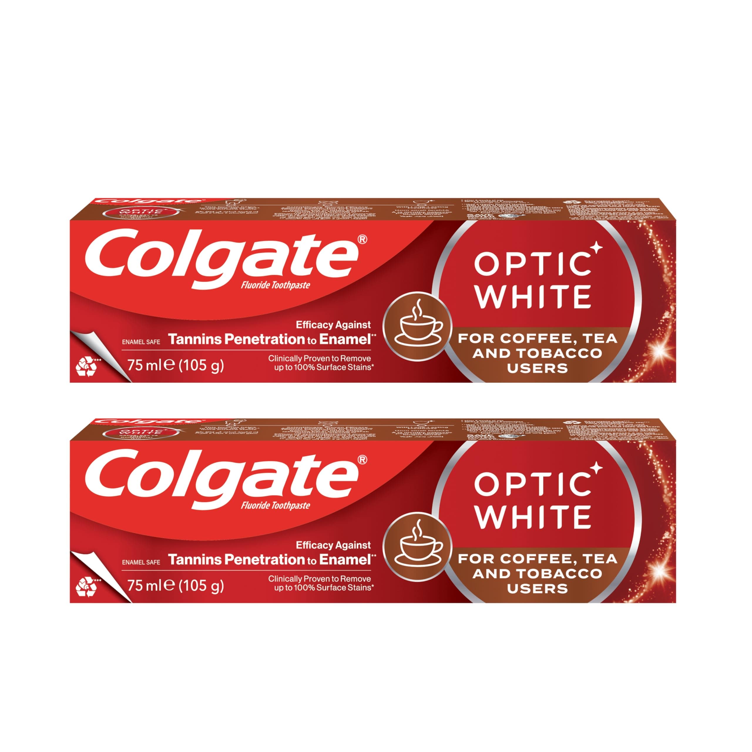 Colgate Toothpaste Optic White, Stain Removal Whitening Toothpaste for Coffee Tea and Tobacco Users, 2x75ml, 2 Pack