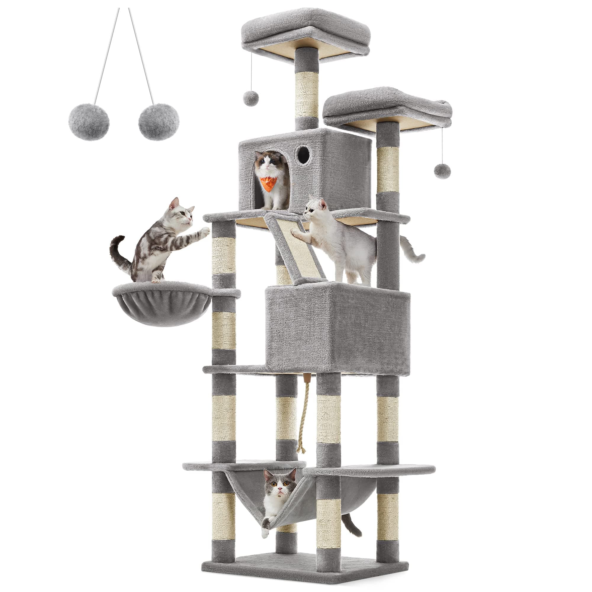 Feandrea PCT190W01 Large Cat Scratching Post, 206 cm High, XXL Cat Tree with 13 Scratching Posts, 2 Platforms, 2 Caves, Basket, Hammock, Plush Balls, Multi-Level Cat Scratching Post, Light Grey