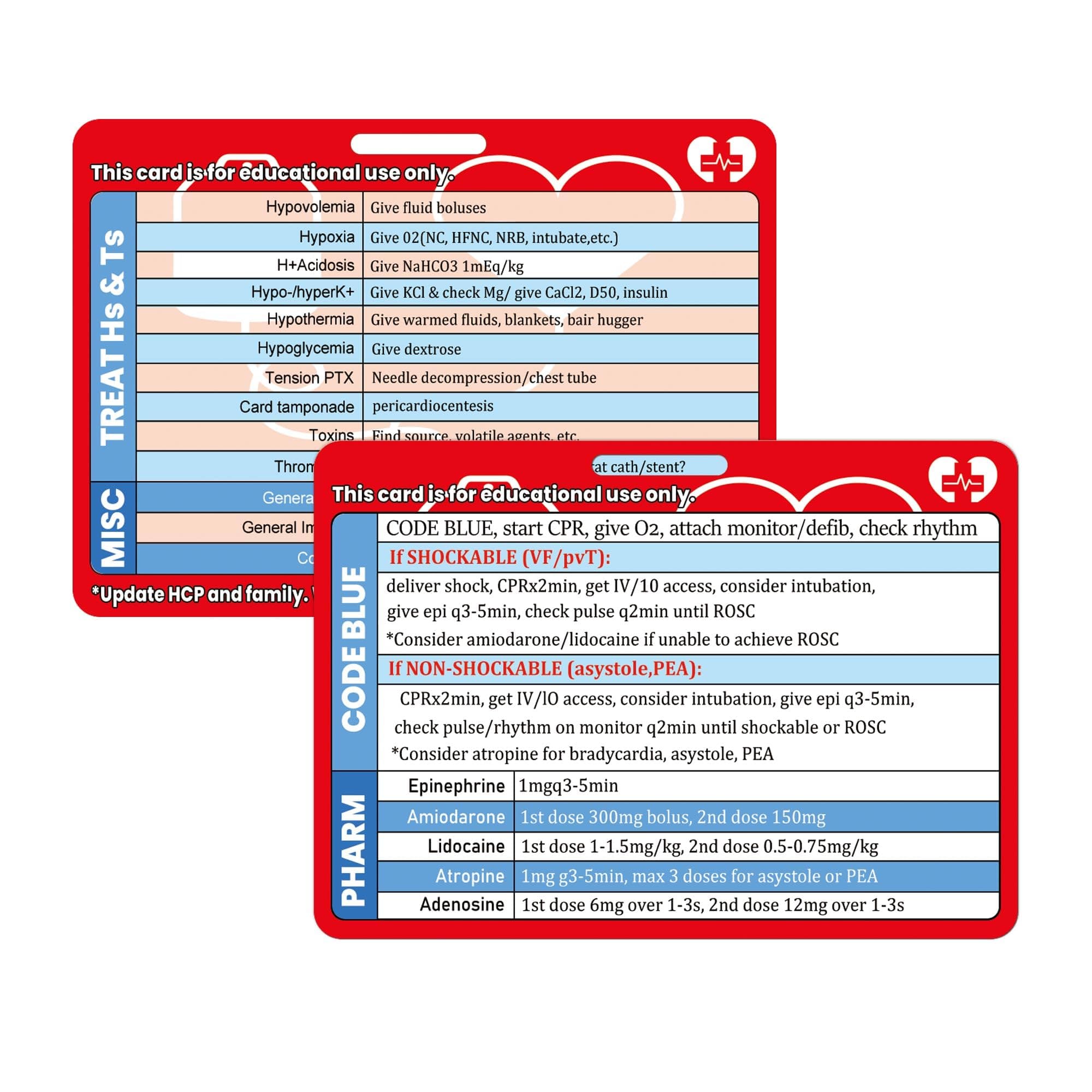 4 Pack ACLS Reference Card Heart CPR Code EMT/RN/MD Cards for Medical