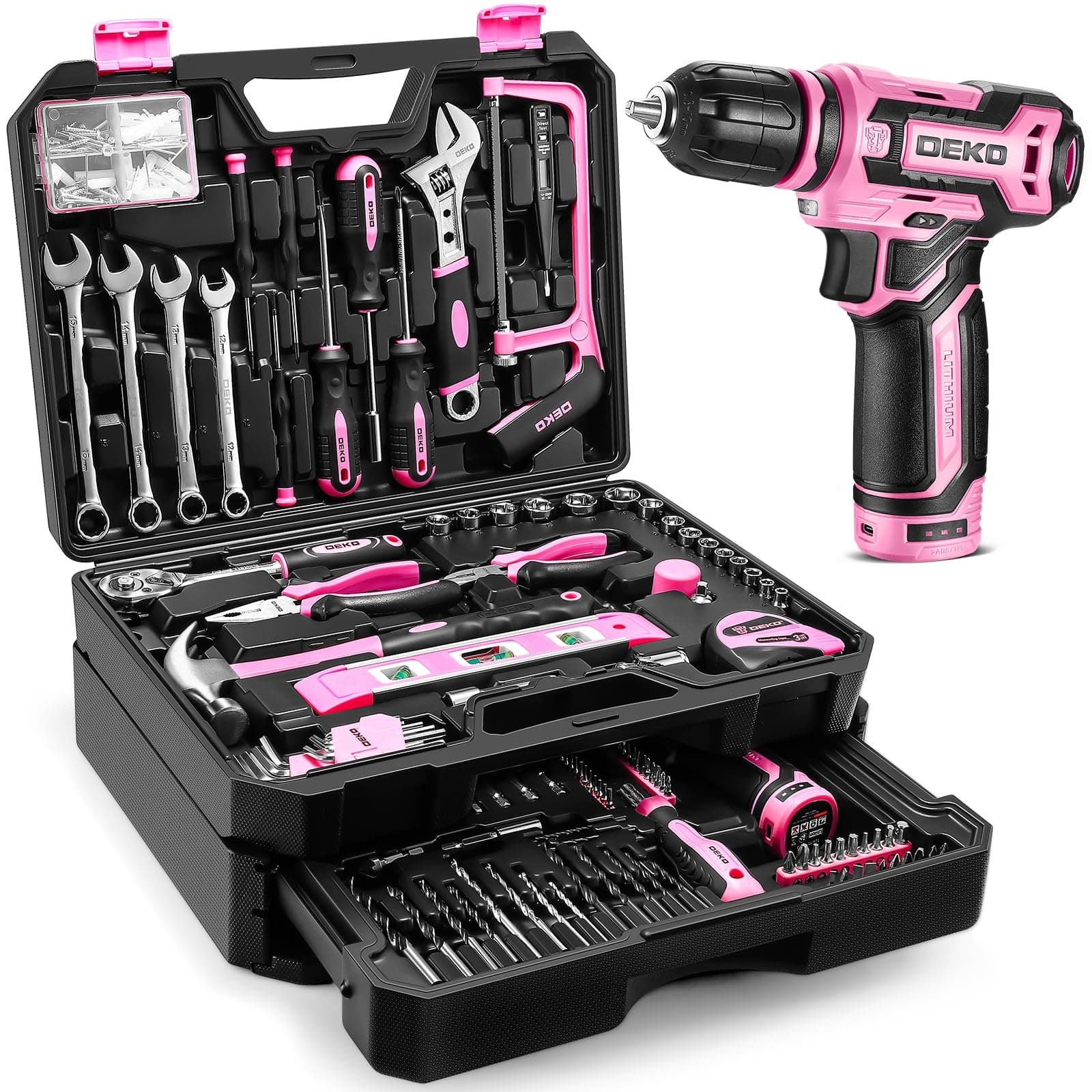 Pink Tool Kit Box Drill Set：DEKO Home Mechanic Toolbox with 12V Power Cordless Drill Hand Repair Tools Sets Combo Kits Storage Organizer Drawer Case for Women